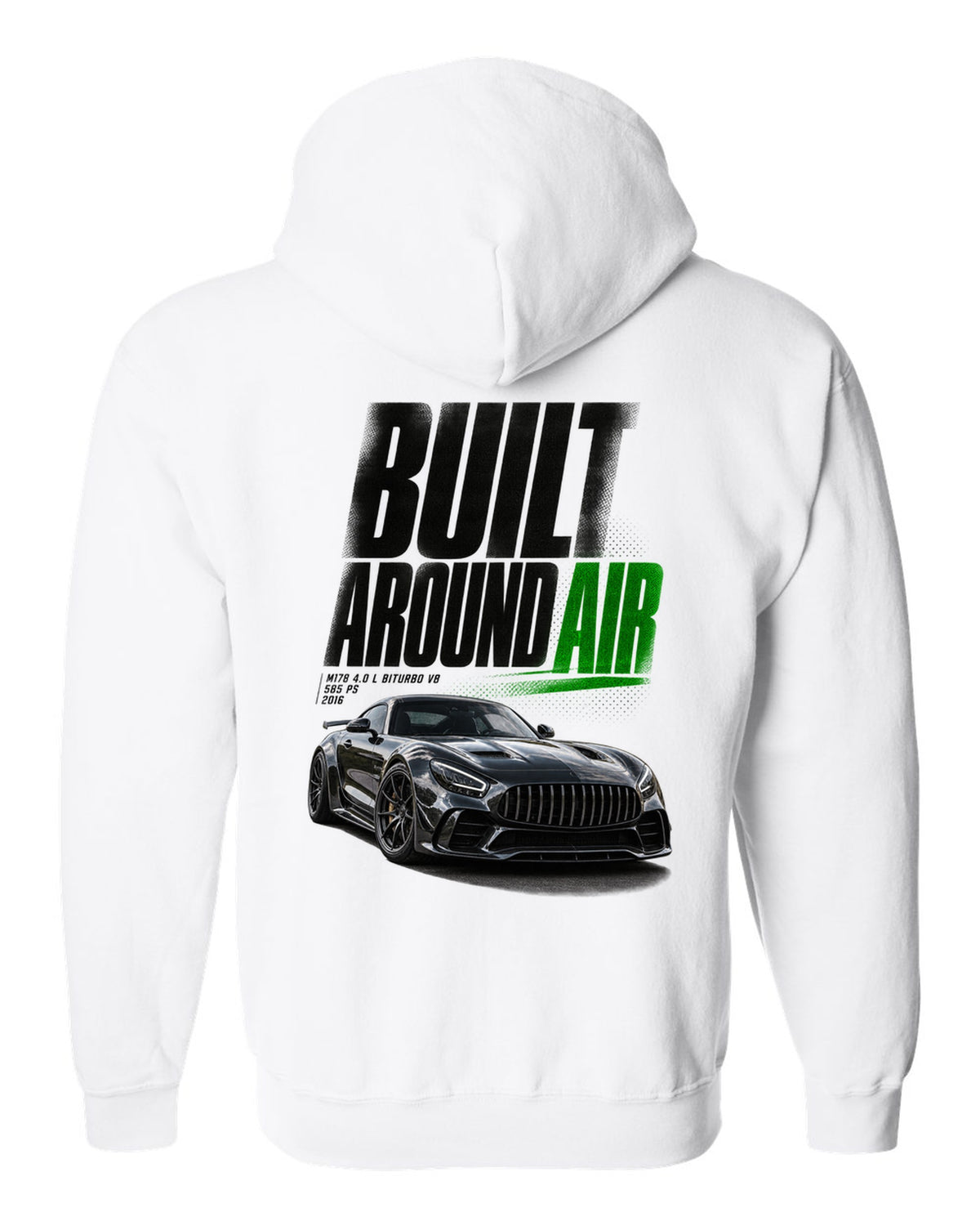 Halftone statement print of a Mercedes-AMG GT R C190 with Built Around Air lettering white zip hoodie back view with the design