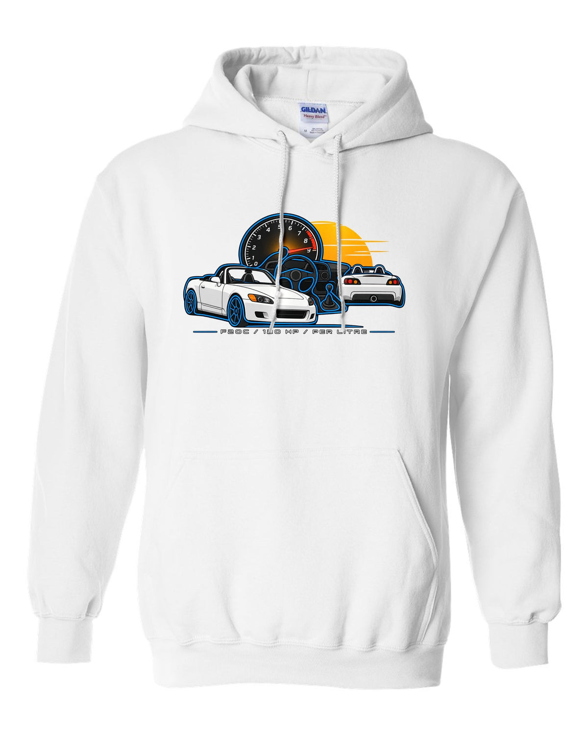 Minimal single-line contour print of a 1999 Honda S2000 AP1 with F20C 120 HP Per Litre lettering white pull over hoodie front view with the design