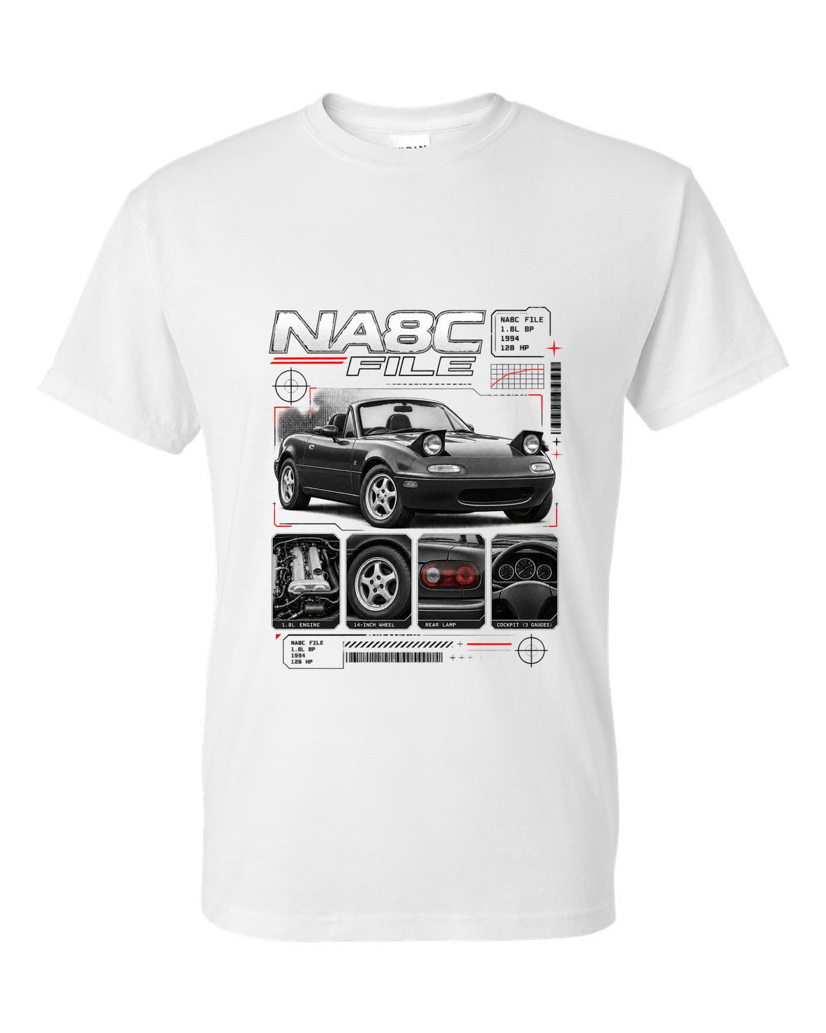 Dossier panel print of a Mazda MX-5 NA Eunos Roadster with NA8C spec lettering white t-shirt front view with the design