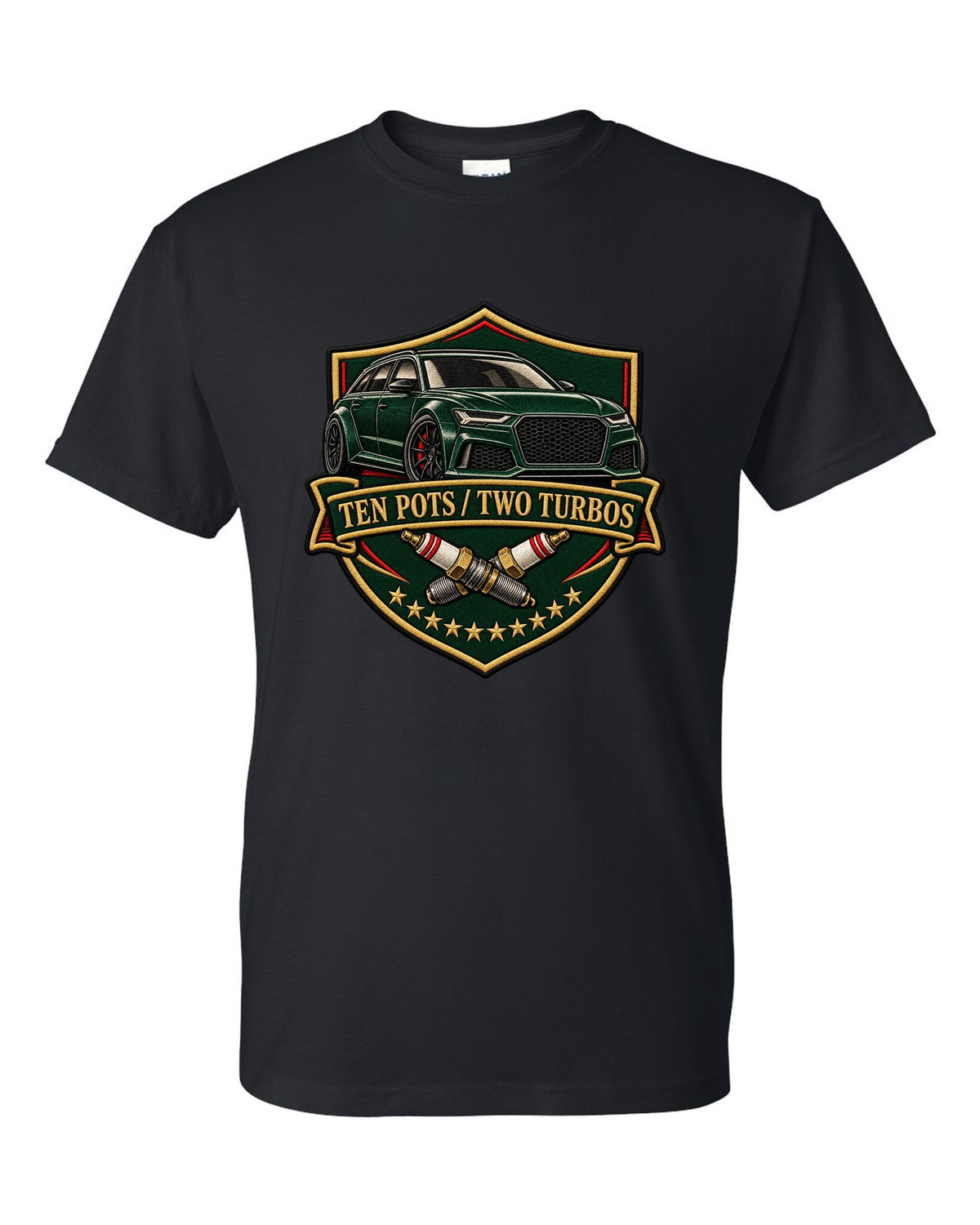 Varsity-style crest design of the Audi RS6 Avant C6 4F with ten pots two turbos lettering black t-shirt front view with the design