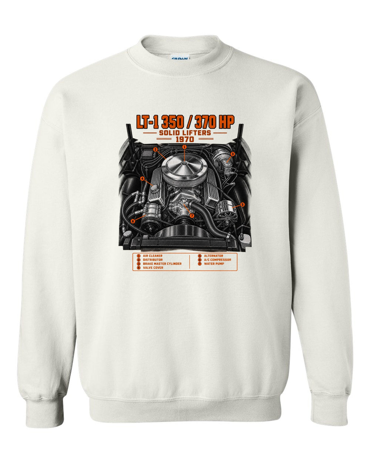 Chevrolet Corvette C3 Stingray 1970 LT-1 350 engine print white crewneck front view with the design