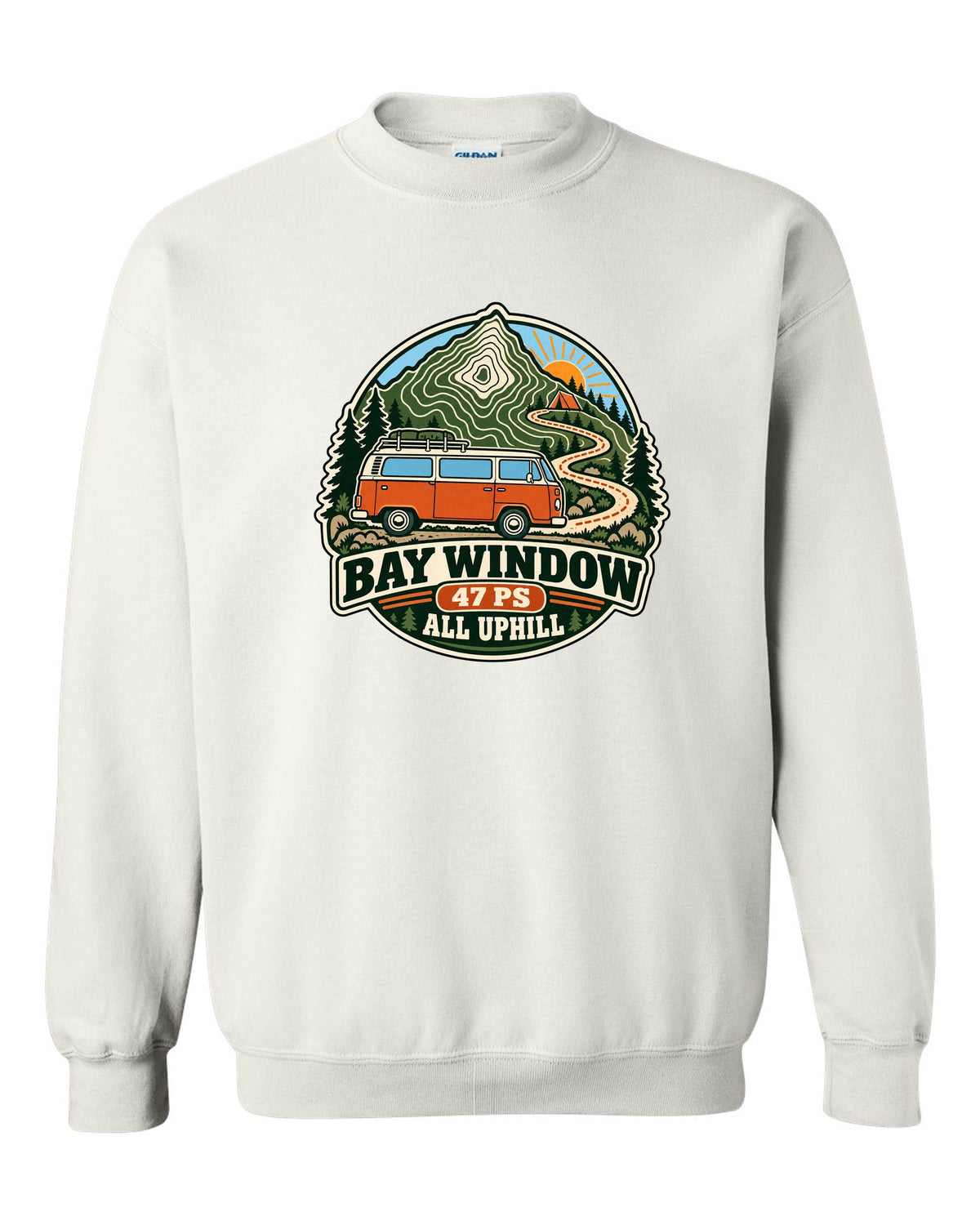 Topographic route map style print of a VW Bus T2 Bay Window with 47 PS all uphill text white crewneck front view with the design
