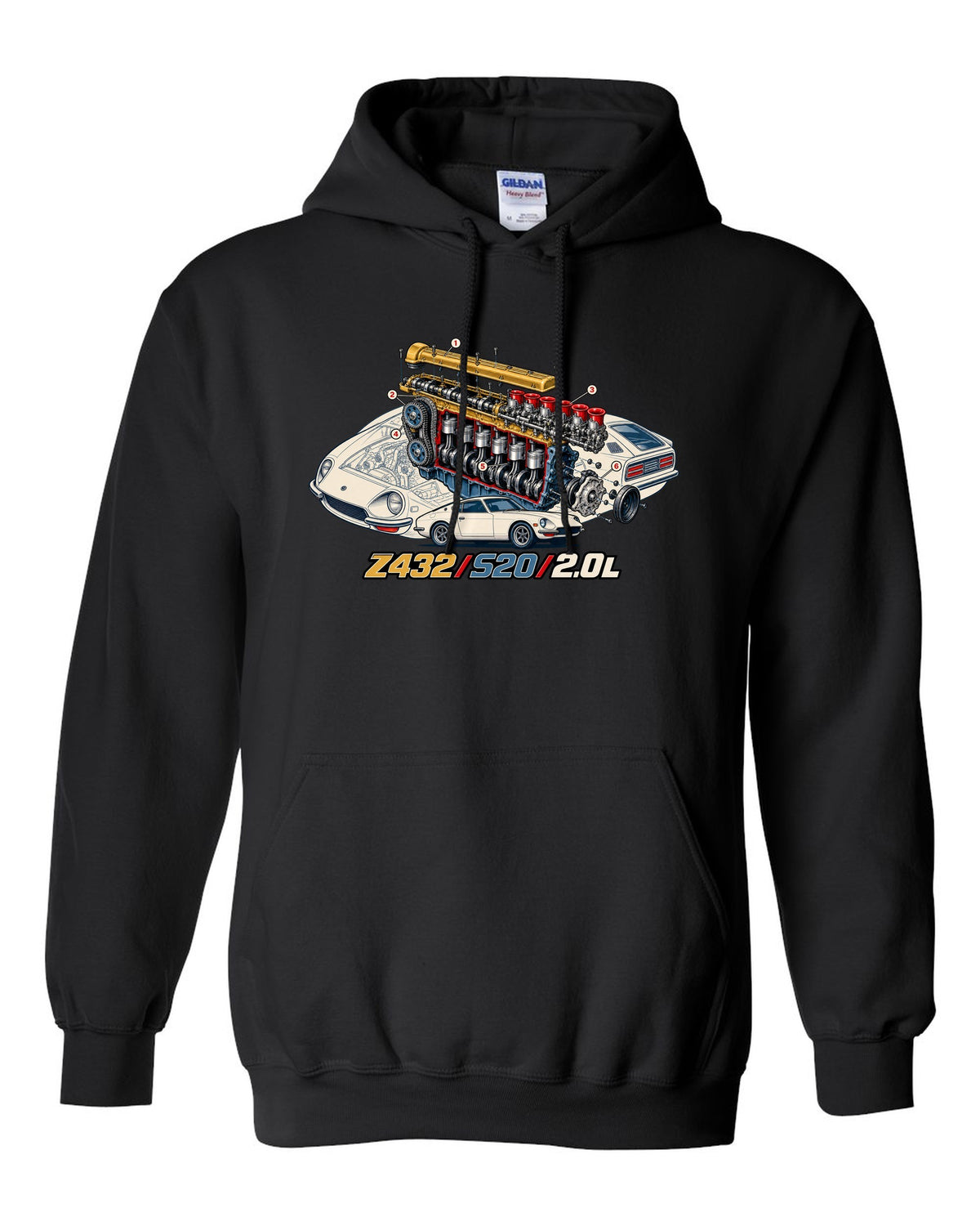 Exploded cutaway engine print for the Z432 with S20 2.0L lettering black pull over hoodie front view with the design