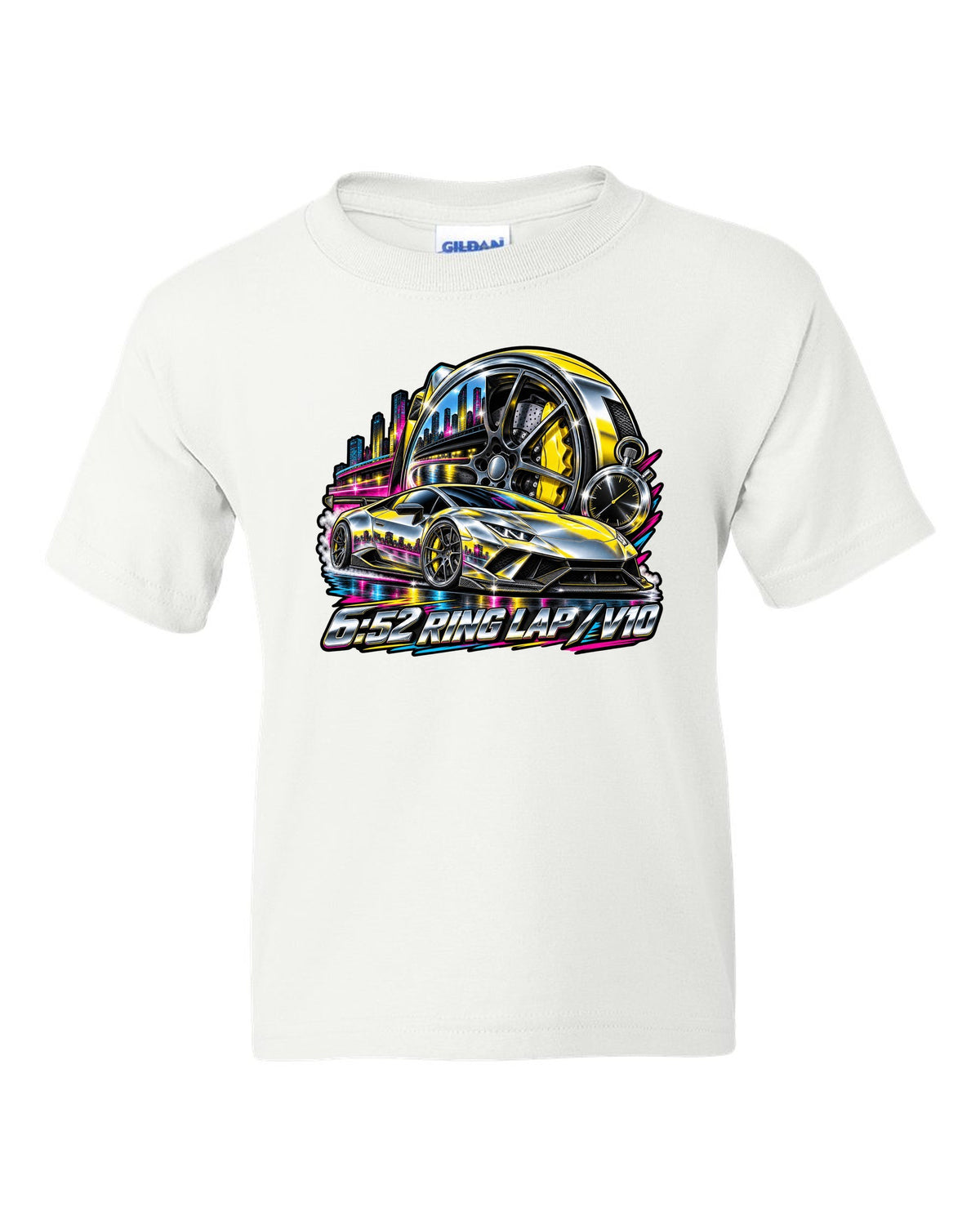 80s airbrush chrome Lamborghini Huracan Performante LP640-4 wheel and caliper with text 6:52 RING LAP / V10 white kids tee front view with the design