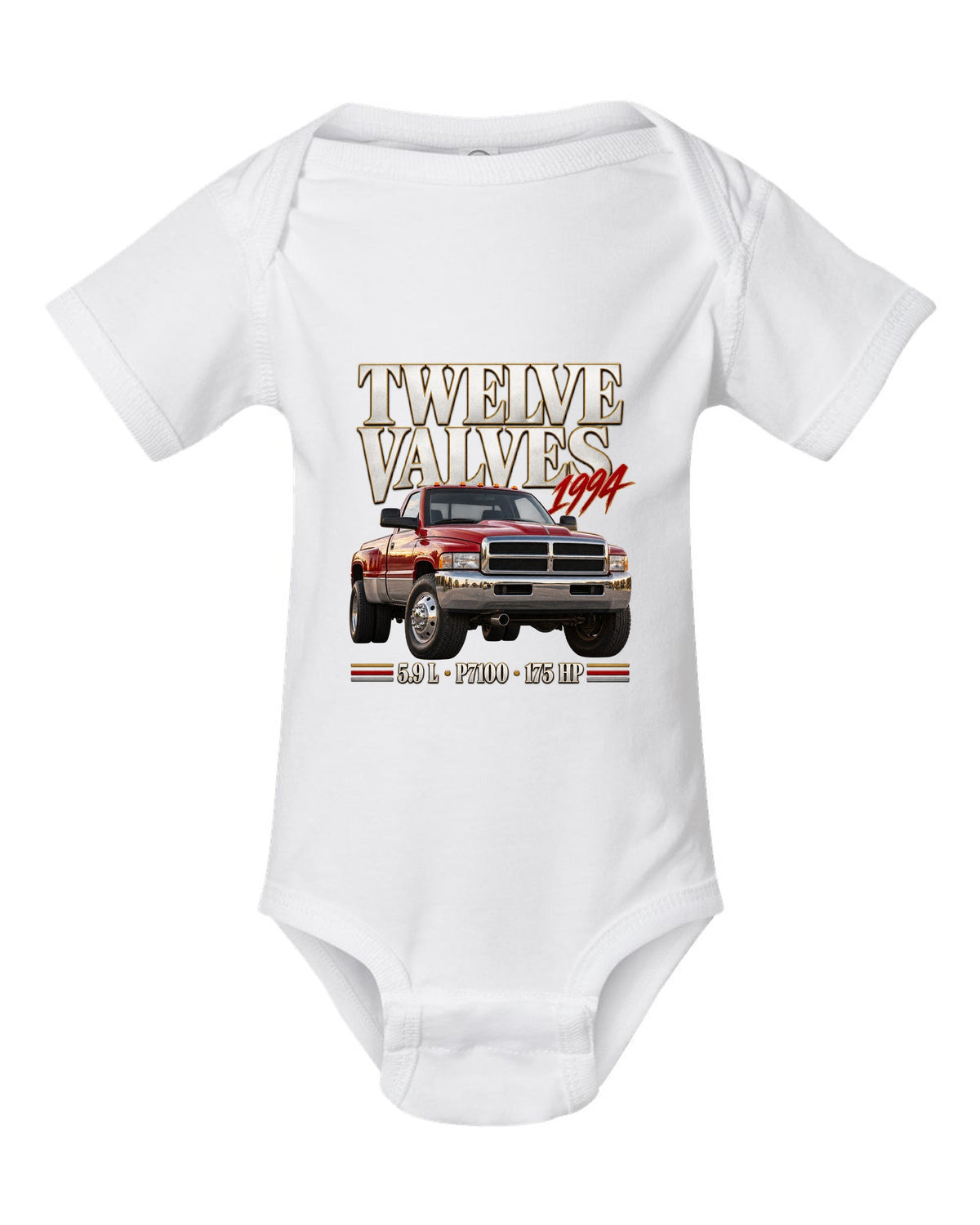 Editorial print of a 1994-98 Ram 2500 Cummins 5.9 12V with P7100 pump lettering white baby onesie front view with the design