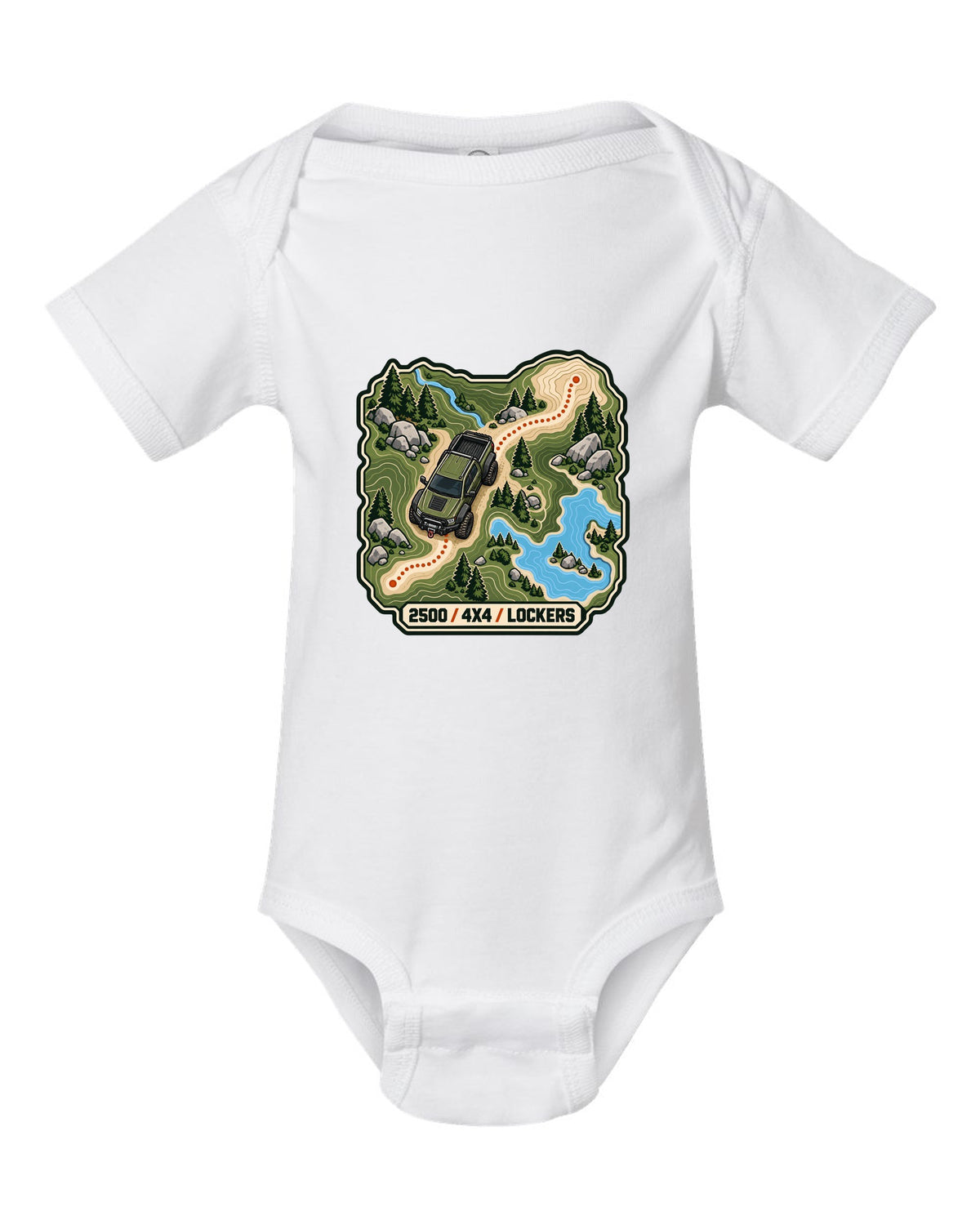 Topographic route map line art print of a Ram Power Wagon 2500 with 4x4 lockers text white baby onesie front view with the design