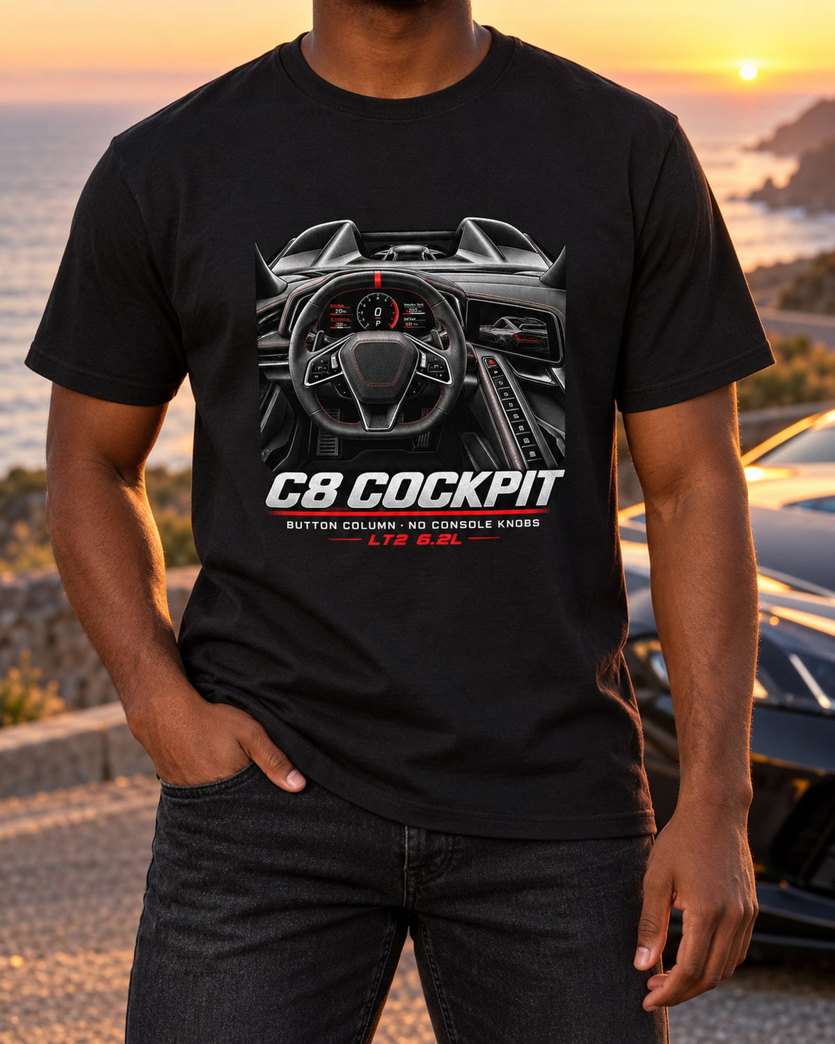 Corvette C8 Stingray Cockpit Button Column Graphic Tee T-Shirt Black worn hero