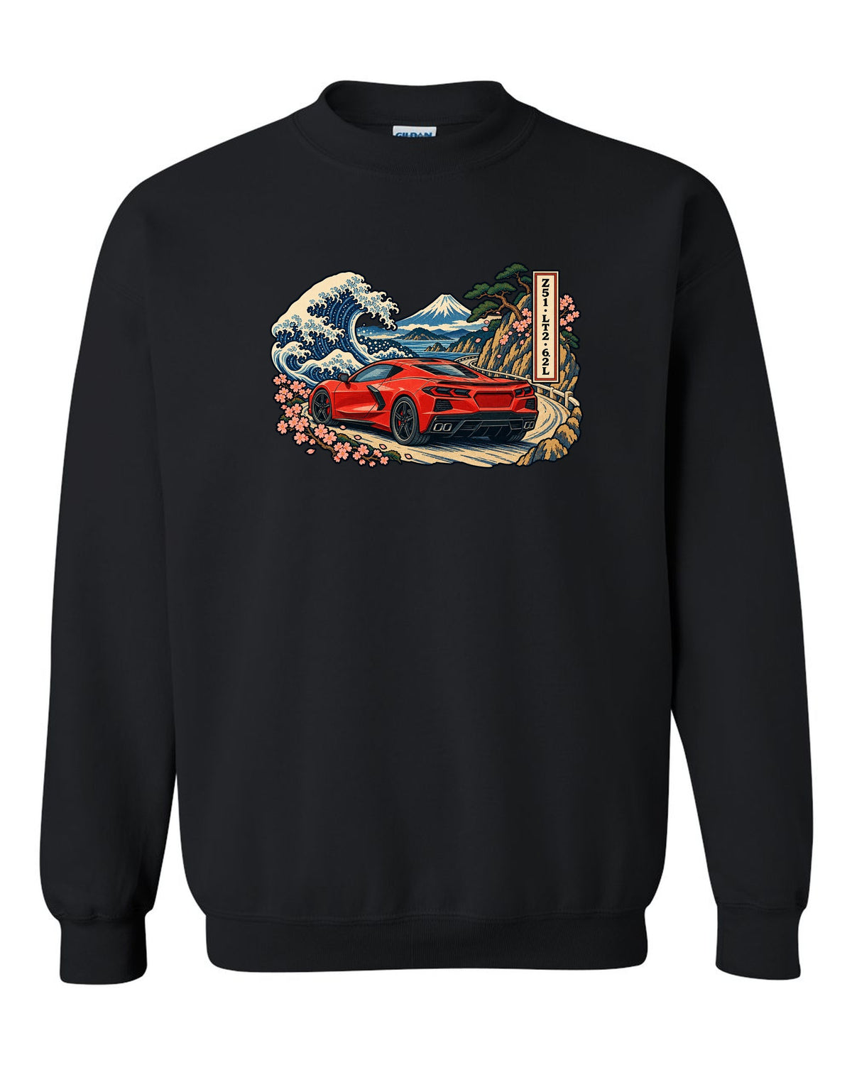 Ukiyo-e woodblock style print of a 2020 C8 Corvette Stingray on a mountain pass black crewneck front view with the design