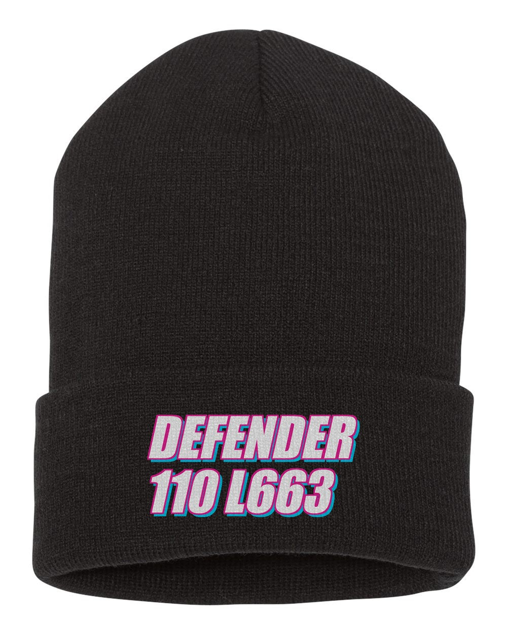Defender 110 L663 black beanie front view with car name