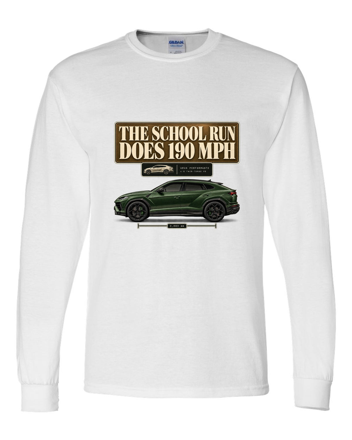 Lamborghini Urus Performante editorial headline print reading the school run does 190 mph white long sleeve front view with the design
