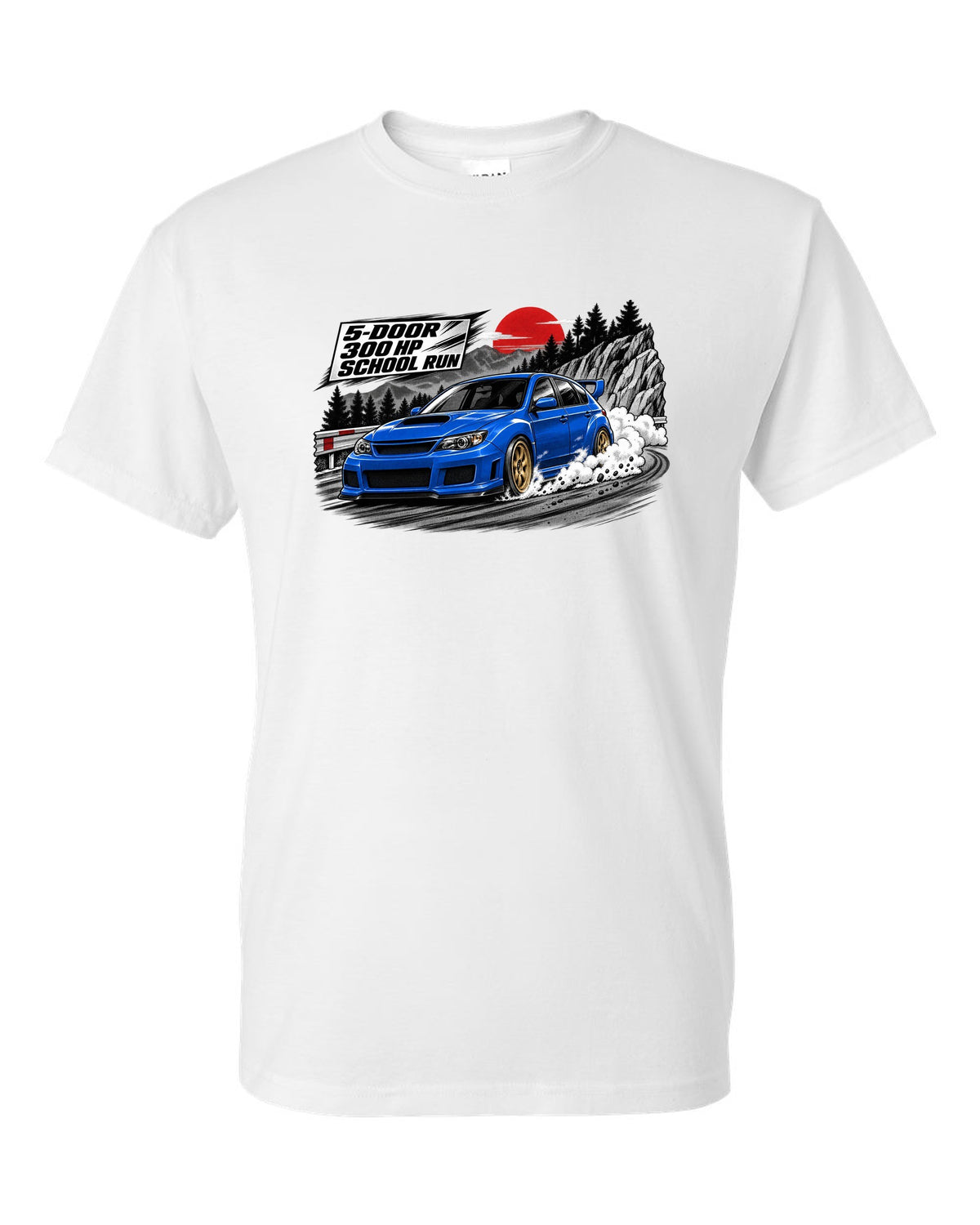 Subaru WRX STI GRB chback in a retro manga halftone panel, 5-DOOR / 300 HP / SCHOOL RUN white t-shirt front view with the design
