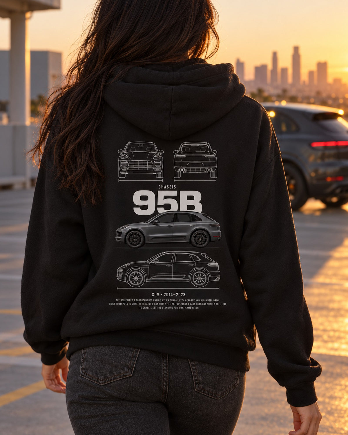 Porsche Macan GTS Blueprint Full-Back Graphic Tee, 95B Chassis Code Pull Over Hoodie Black worn hero