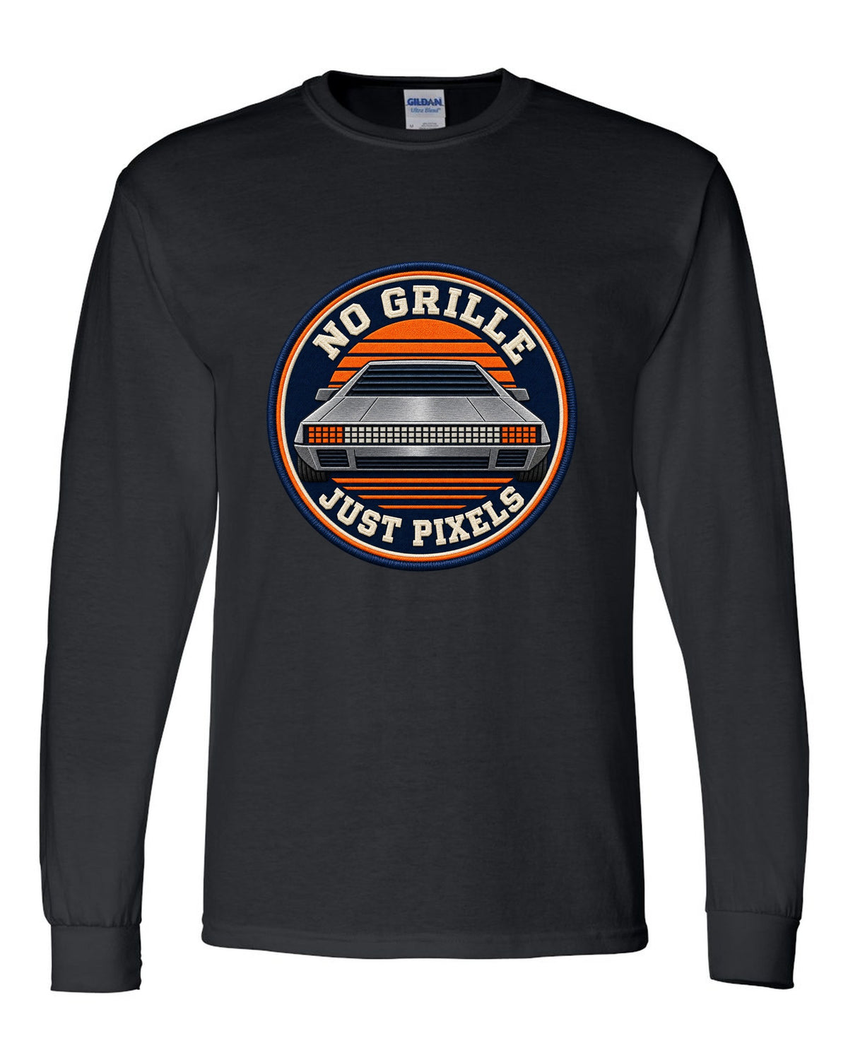 Varsity crest design of the Hyundai N Vision 74 concept with pixel styling black long sleeve front view with the design