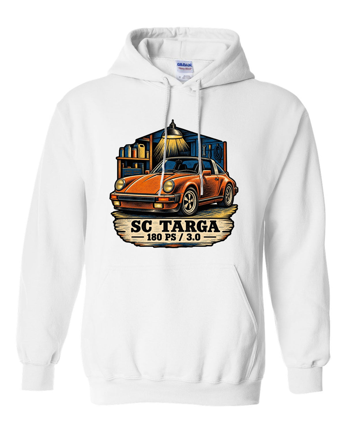 Blueprint line art print of a Porsche 356 A 1.6 L flat-four engine with the text 1600, 60 HP and fan on top white pull over hoodie front view with the design