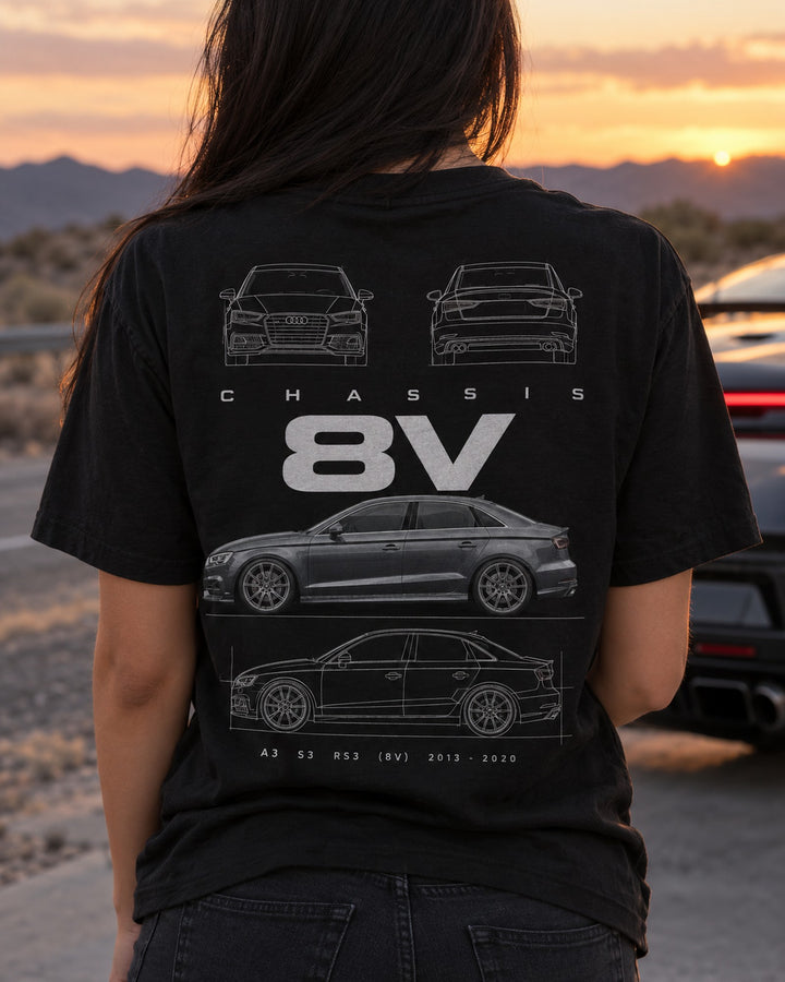 Audi RS3 (8V) compact sedan Blueprint Full-Back Graphic Tee, 8V Chassis Code T-Shirt Black worn hero