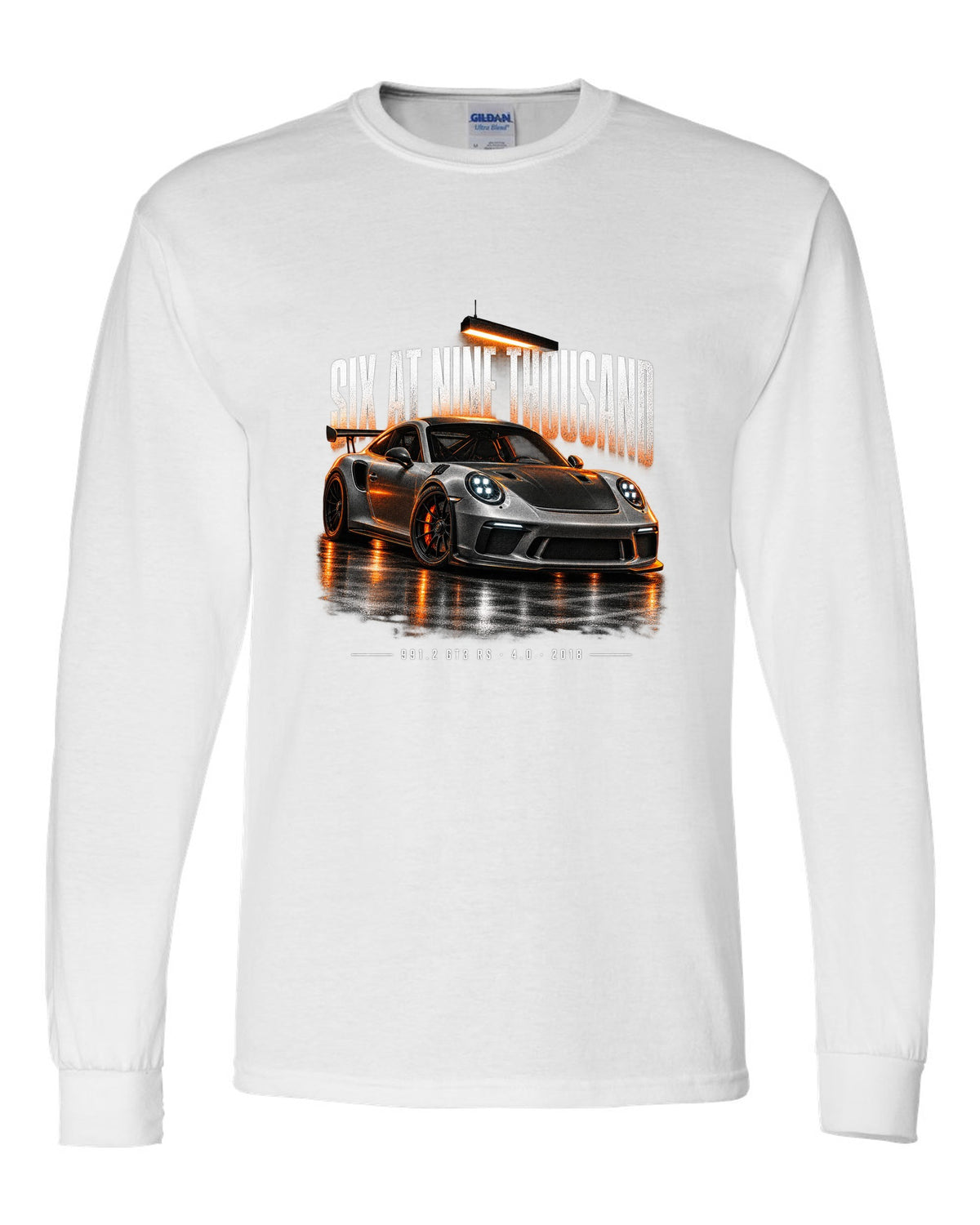 Garage night poster print of a 2018 Porsche 911 GT3 RS 991.2 white long sleeve front view with the design