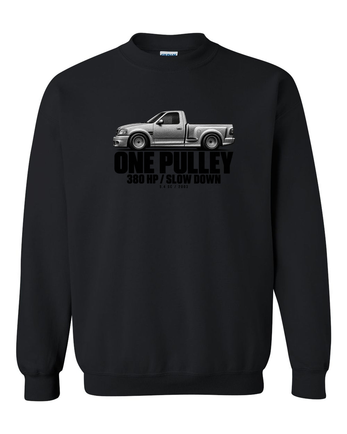 Halftone print of a 2002-03 Ford F-150 SVT Lightning with 380 HP text black crewneck front view with the design