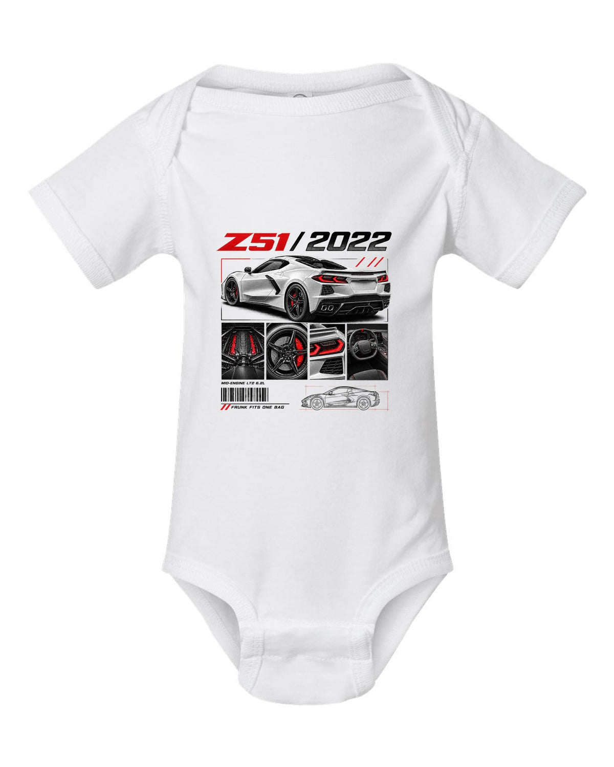 Corvette C8 Stingray Z51 2022 in dossier panels white baby onesie front view with the design