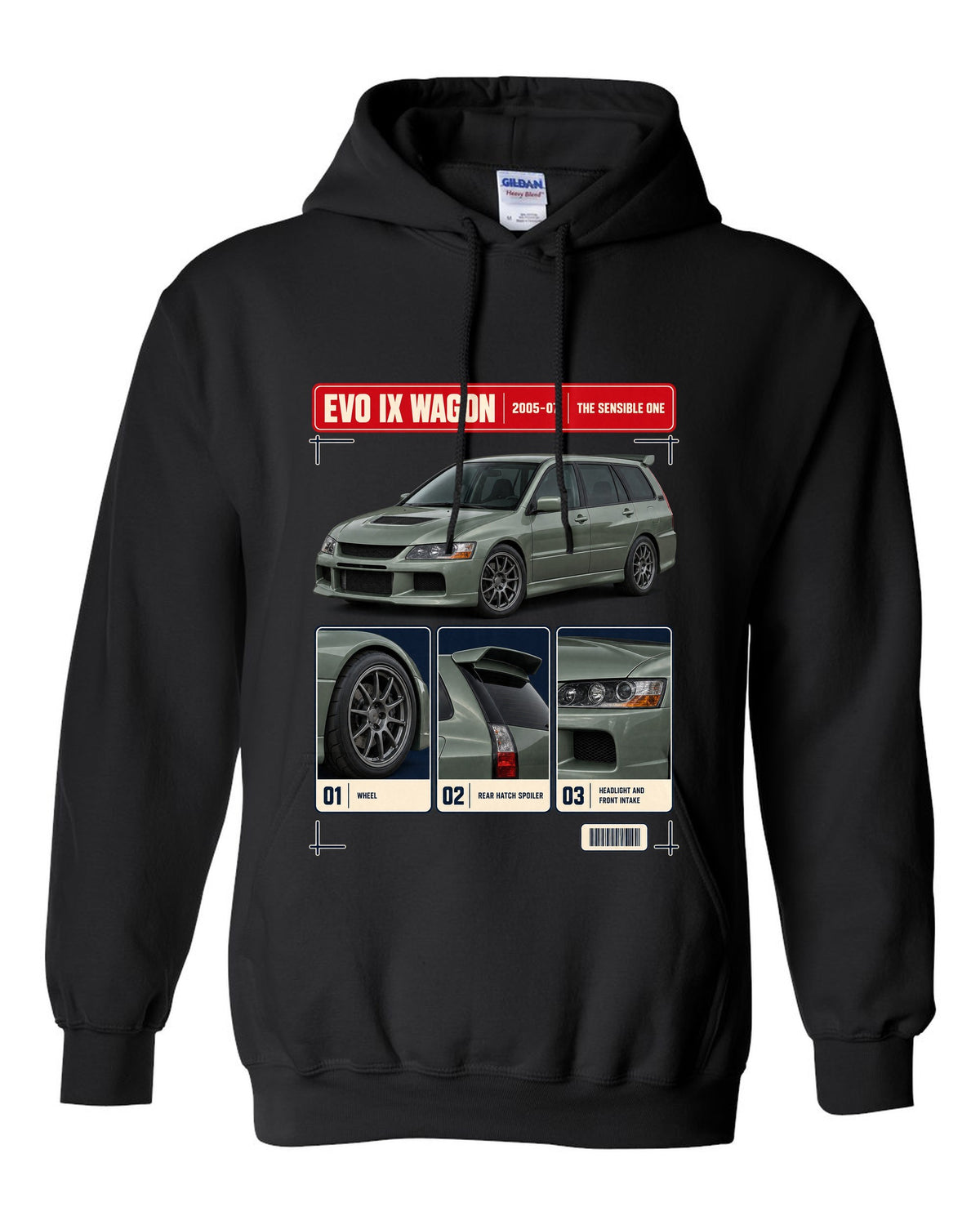 Mitsubishi Lancer Evolution IX Wagon GT three-quarter dossier panel print black pull over hoodie front view with the design
