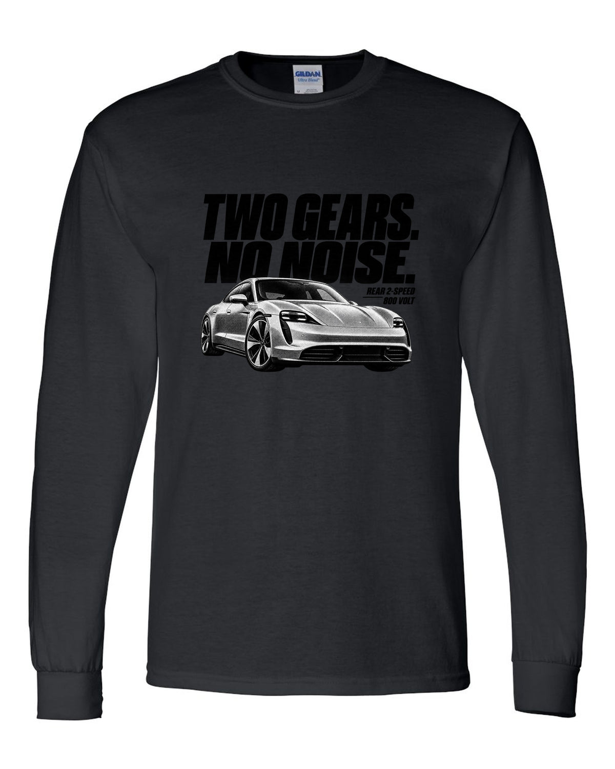 Halftone Porsche Taycan Turbo S 9J1 front three-quarter with two gears, no noise, rear 2-speed black long sleeve front view with the design