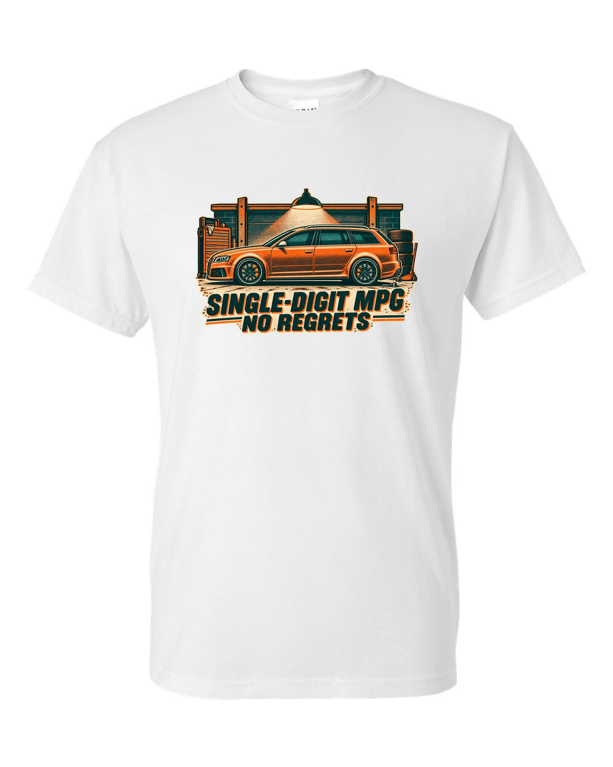 Risograph garage light design of the Audi RS6 Avant C6 4F with single-digit MPG no regrets lettering white t-shirt front view with the design