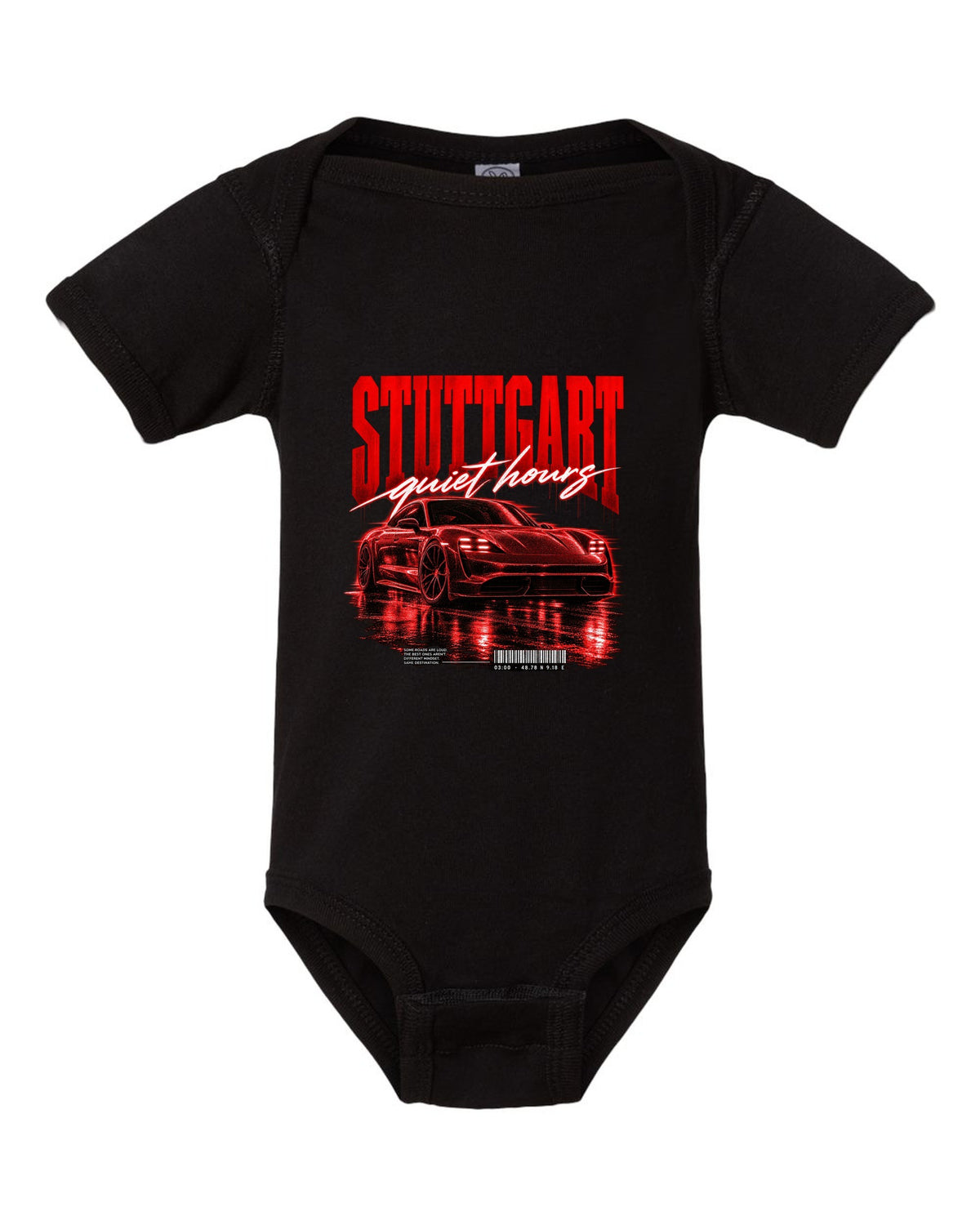 Low widebody Porsche Taycan Turbo S 9J1 street poster with Stuttgart coordinates black baby onesie front view with the design