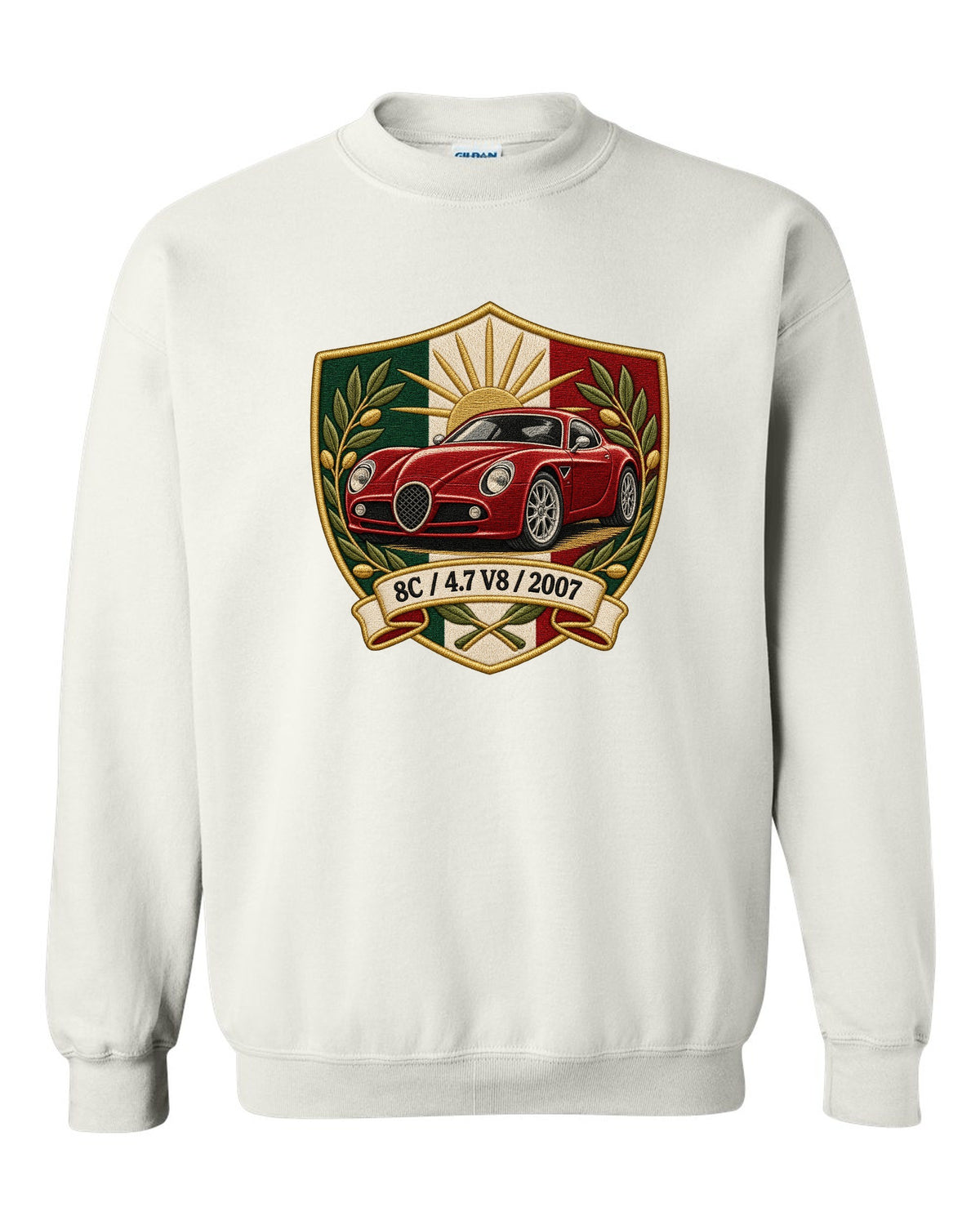Embroidery style varsity crest for an Alfa Romeo 8C Competizione with 4.7 V8 and 2007 white crewneck front view with the design