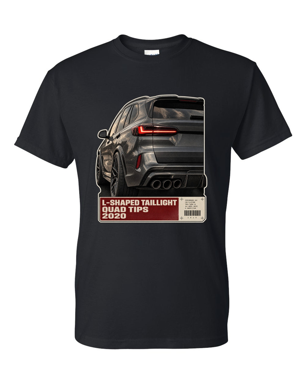 Macro print of the L-shaped taillight and quad tips on a BMW X5 M Competition F95 black t-shirt front view with the design
