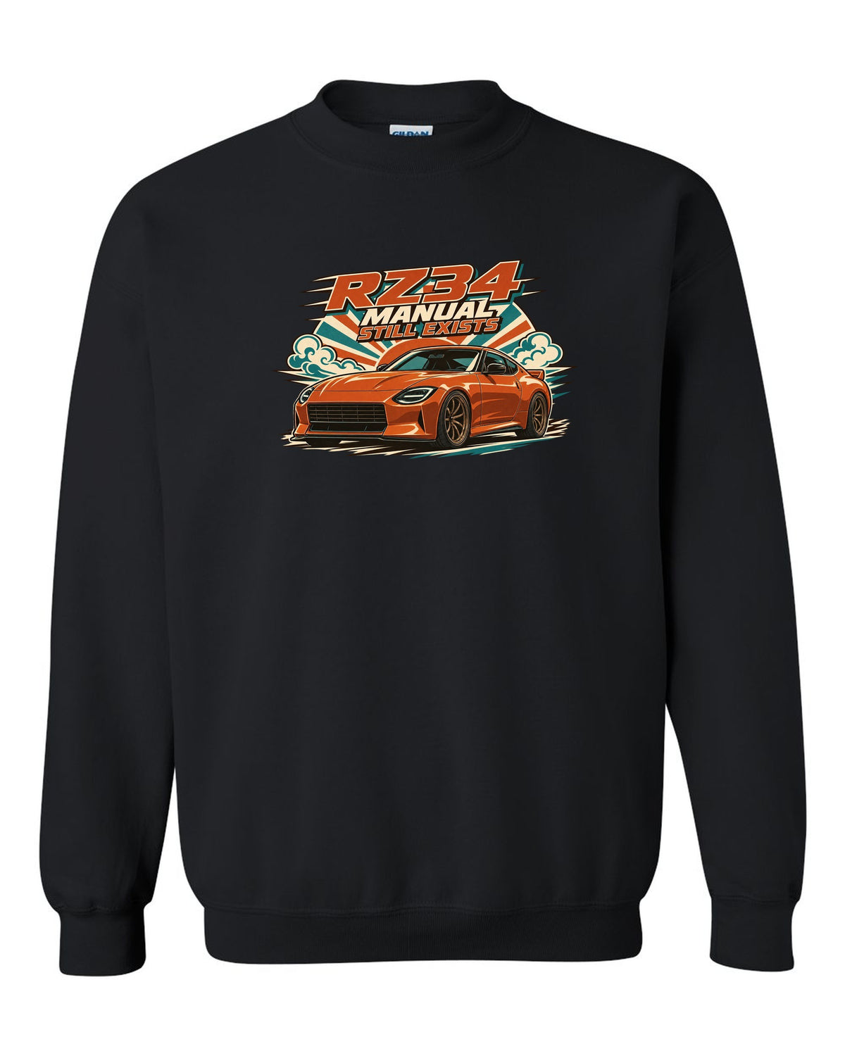 1970s Showa catalogue ad style print of the Nissan Z RZ34 black crewneck front view with the design