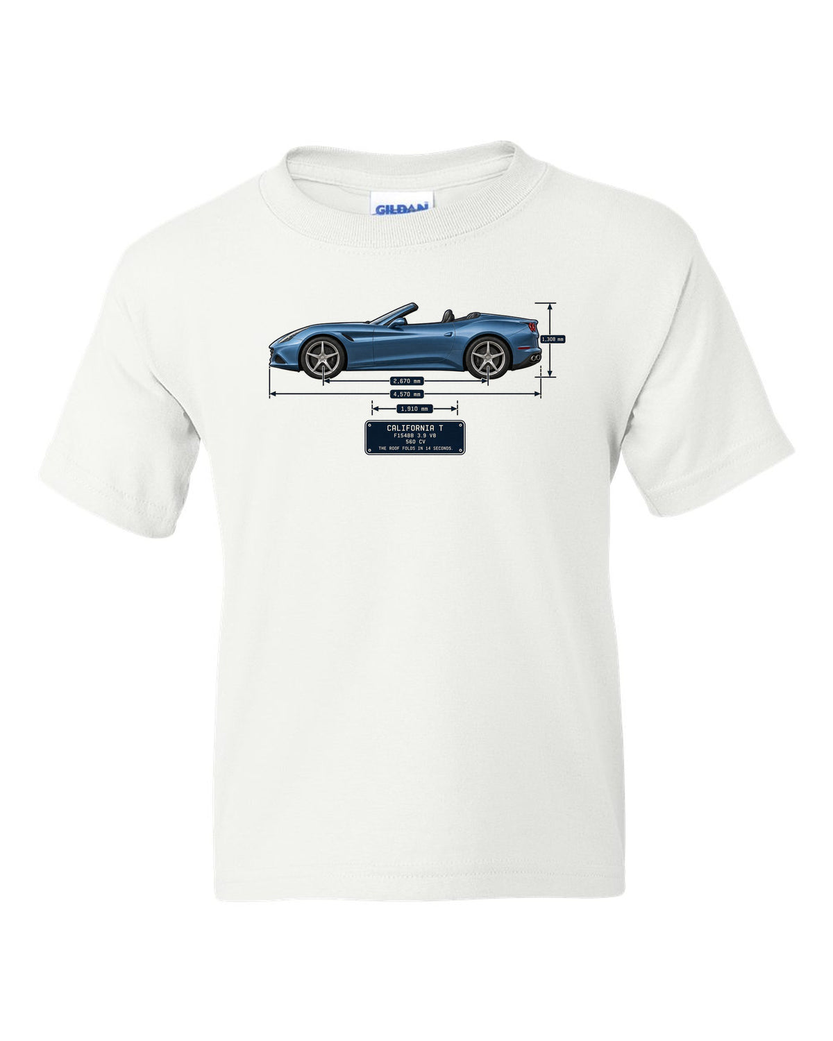 Dimension blueprint print of the Ferrari California T with roof folded white kids tee front view with the design