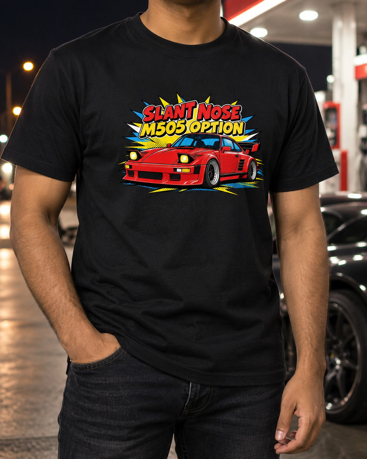 Porsche 930 Slant Nose Pop Art Shirt, M505 Flachbau Car Tee T-Shirt Black worn hero