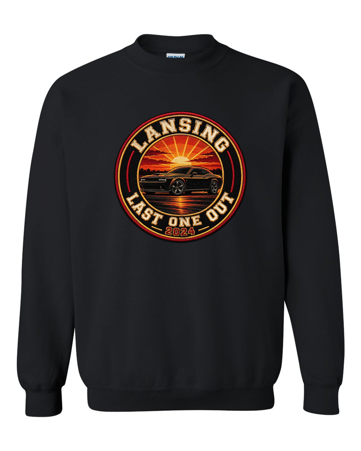 2023 Chevrolet Camaro varsity crest print reading Lansing Last One Out 2024 black crewneck front view with the design