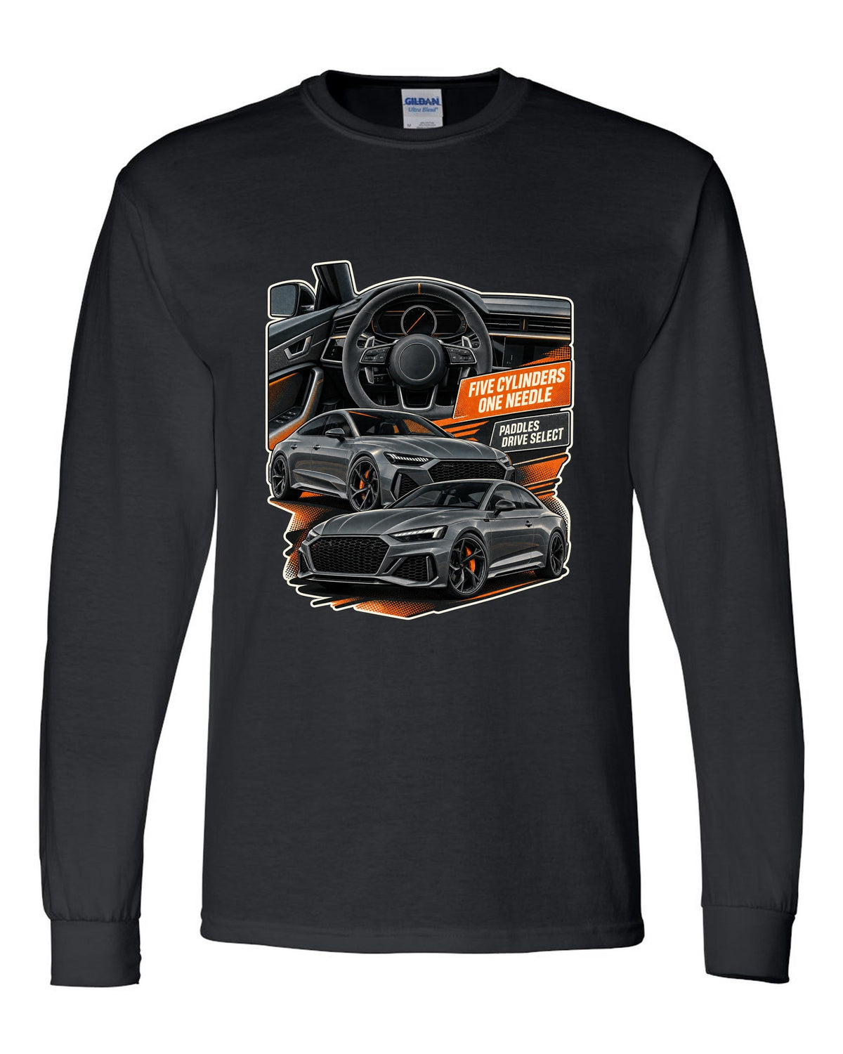Interior and gauge cluster print of an Audi RS3 8Y black long sleeve front view with the design