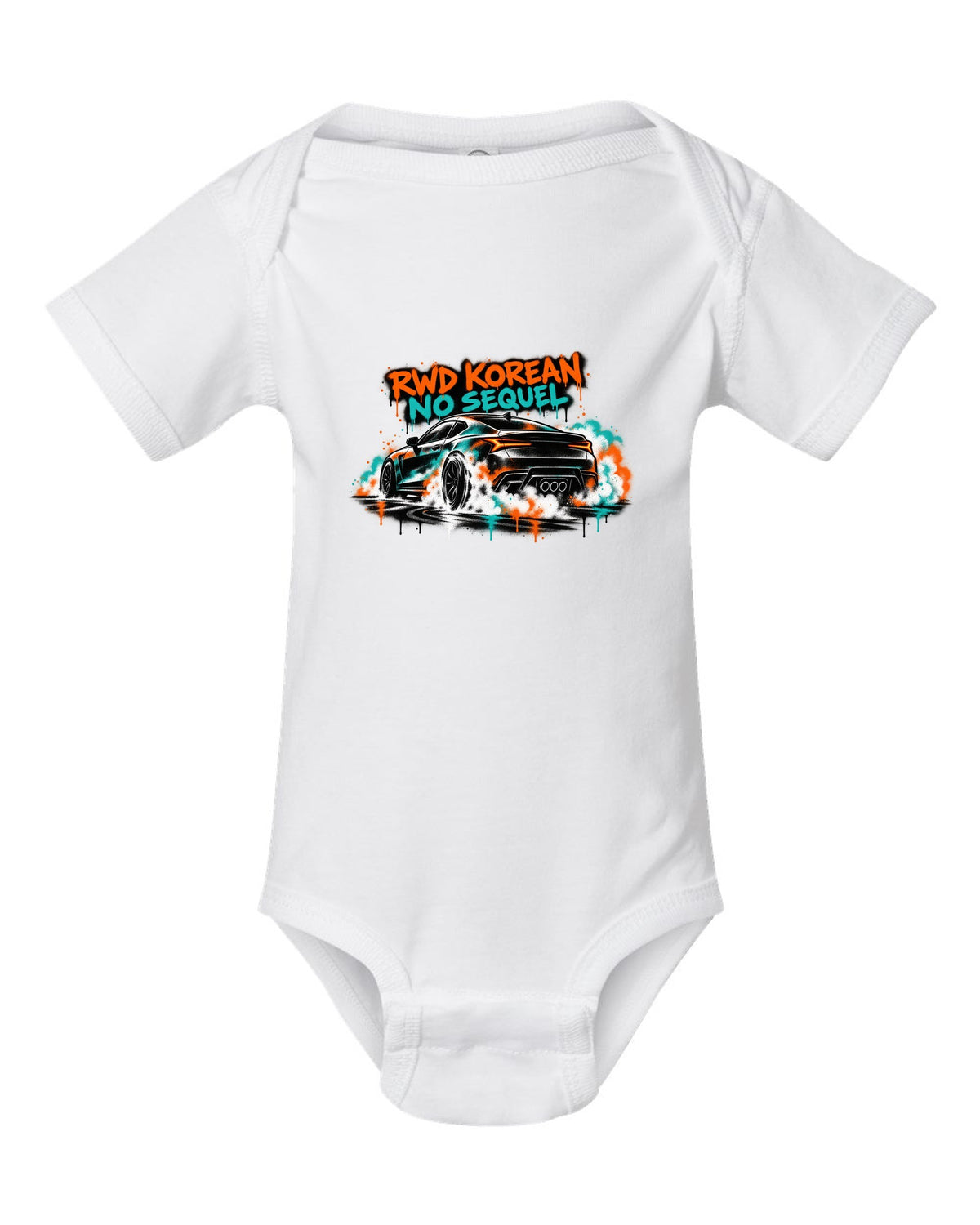Hyundai Genesis Coupe BK2 stencil spray burnout print with RWD Korean no sequel text white baby onesie front view with the design