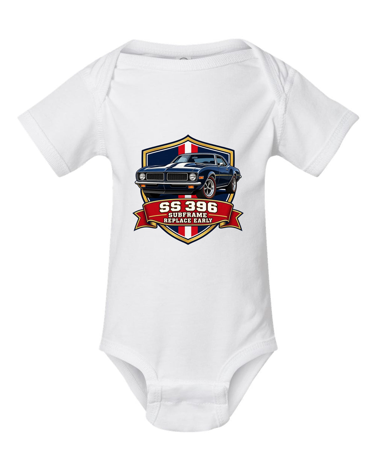 1968 Camaro SS 396 in a varsity shield design with text SS 396 Subframe Replace Early white baby onesie front view with the design