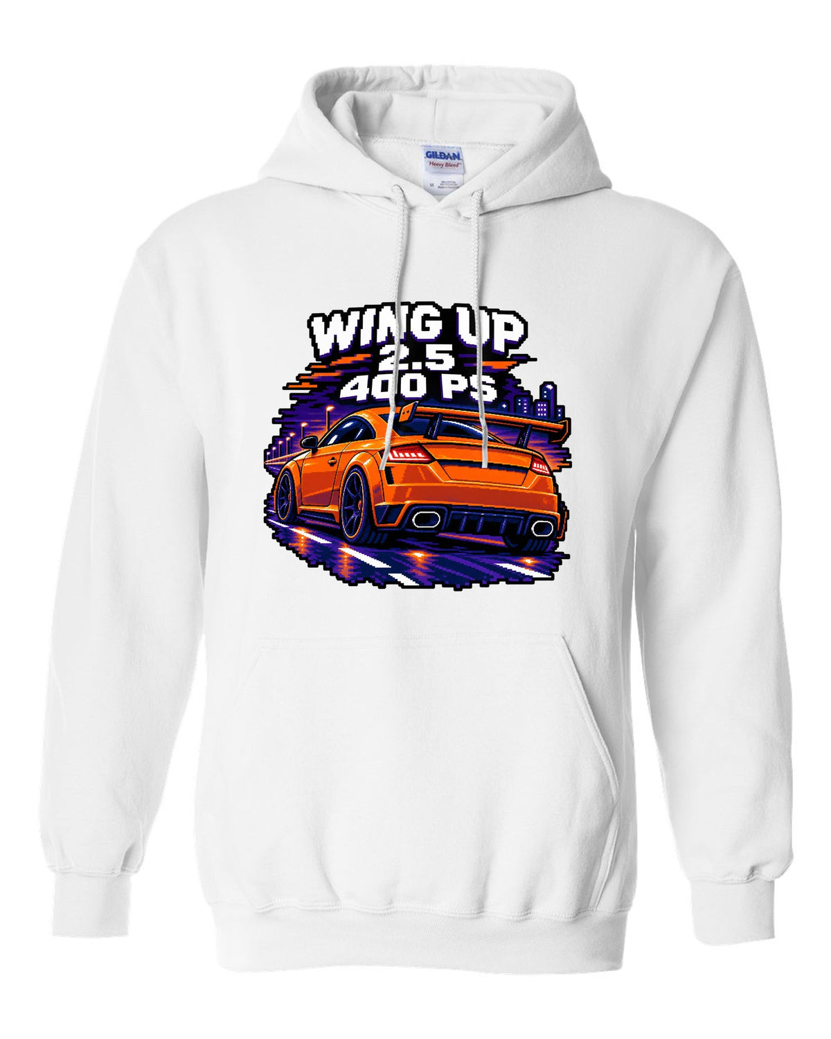 16-bit pixel art print of an Audi TT RS FV with rear wing up and 400 PS text white pull over hoodie front view with the design