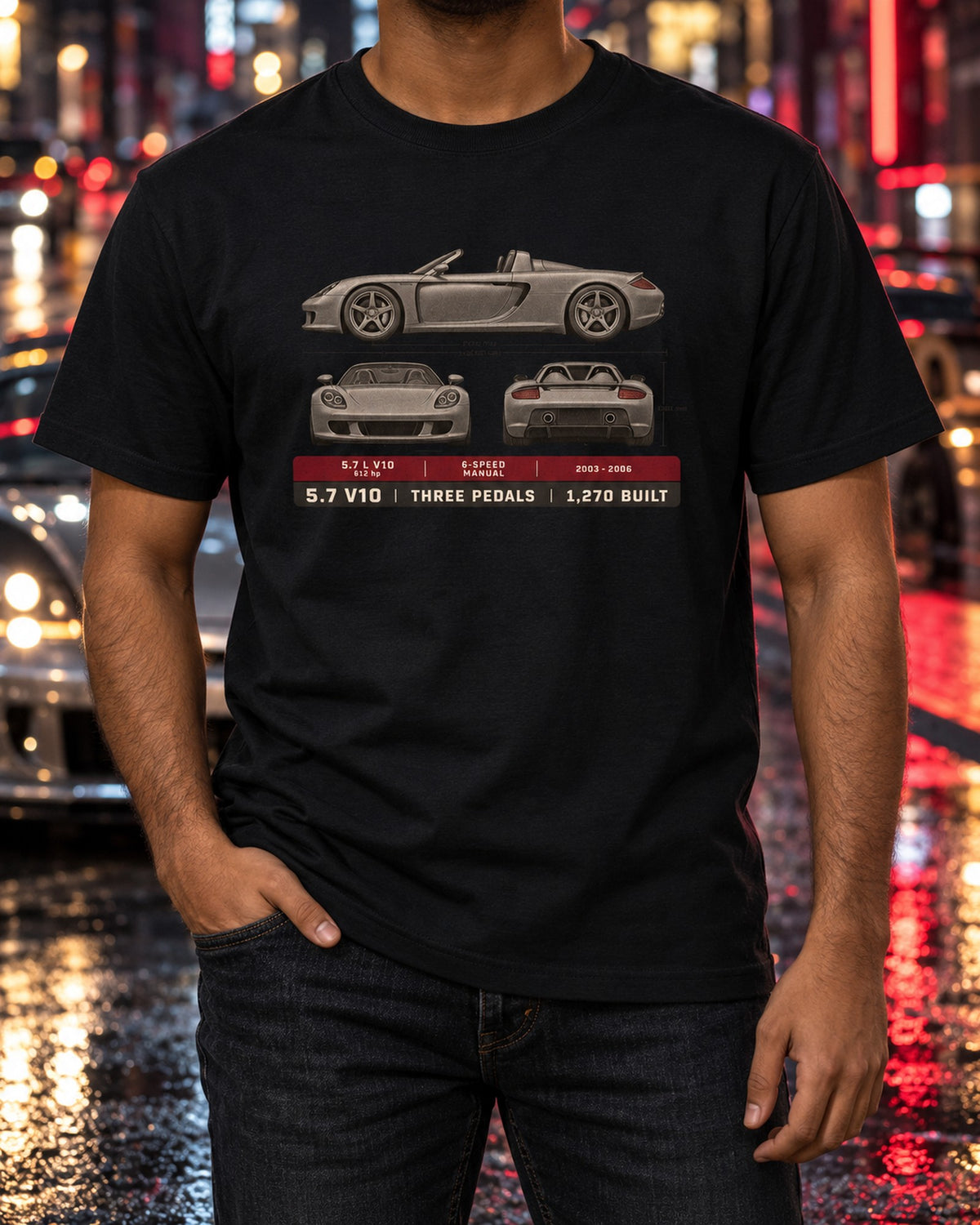 Porsche Carrera GT Three-View Spec Table Shirt, Car Gift T-Shirt Black worn hero