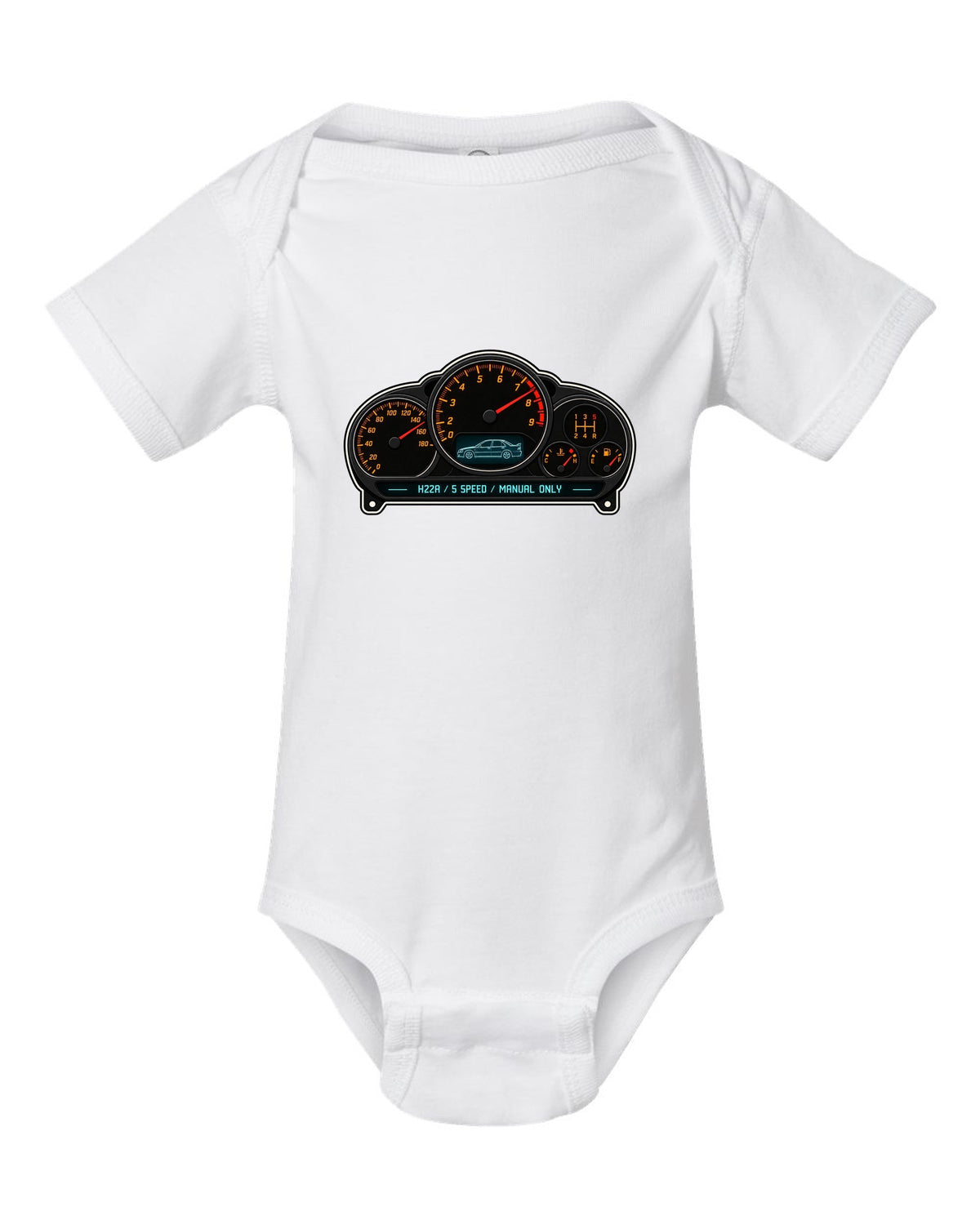 Gauge-cluster HUD design for the Honda Accord Euro R CL1 with H22A text white baby onesie front view with the design