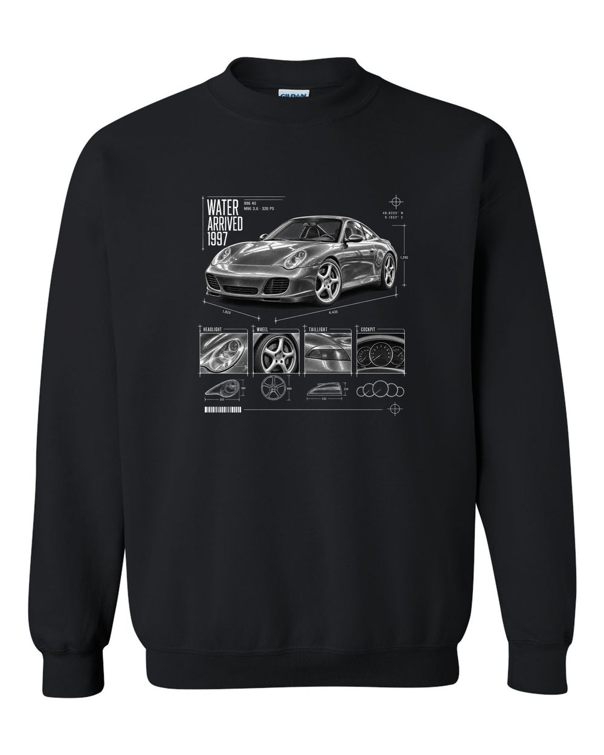 Dossier panel print of a Porsche 911 Carrera 4S (996) with the heading Water Arrived 1997 black crewneck front view with the design