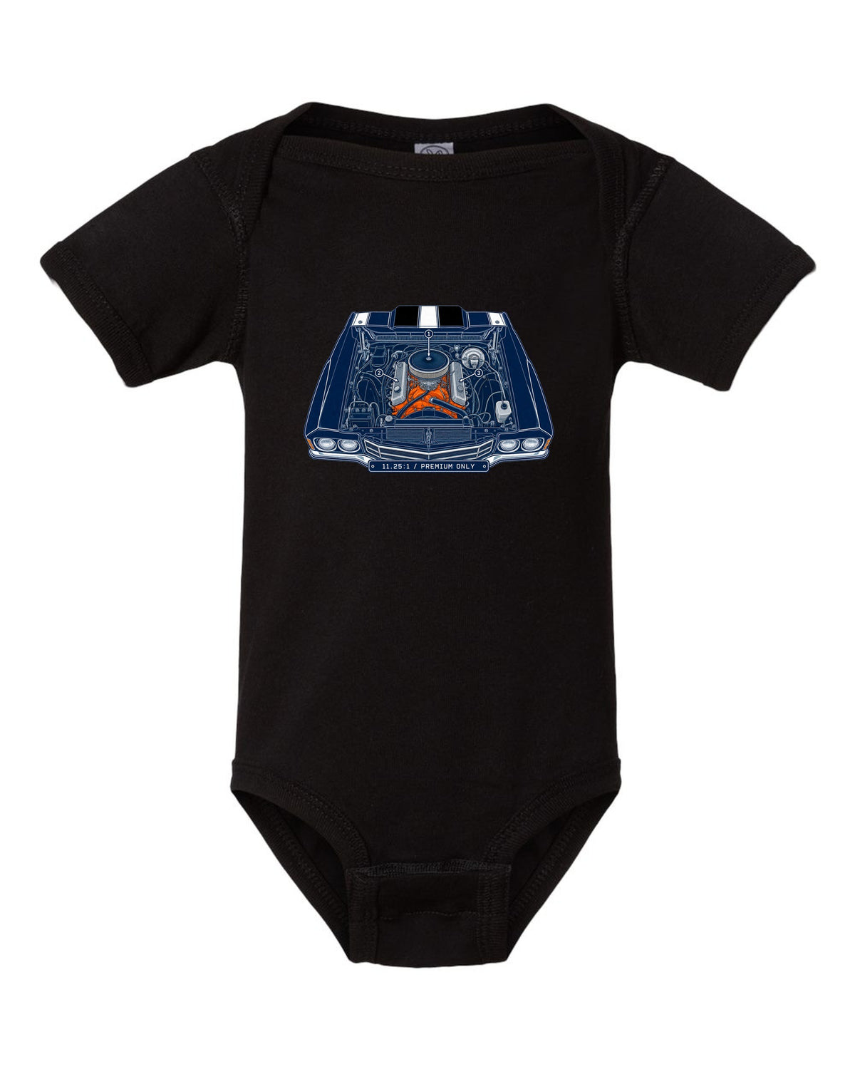 Patent blueprint drawing with numbered callouts of a 1970 Chevrolet Chevelle SS LS6 engine bay black baby onesie front view with the design