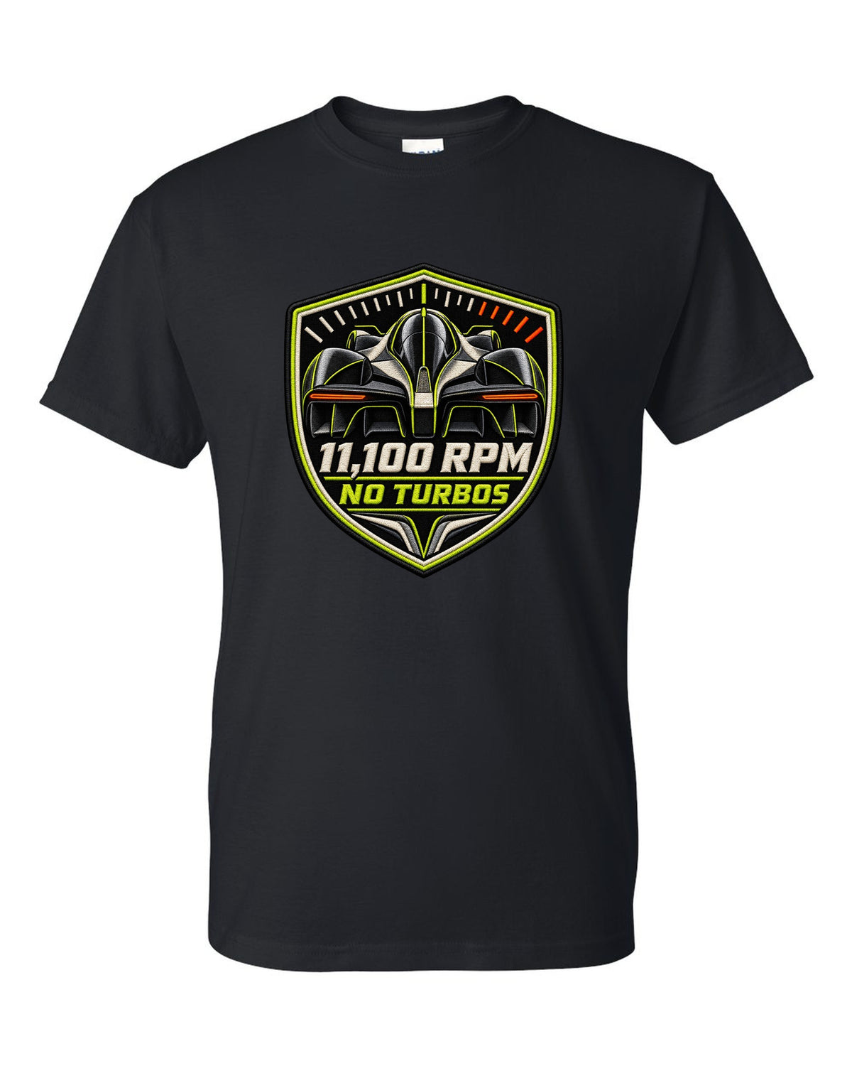 Embroidery-style varsity print for the Aston Martin Valkyrie with 11,100 rpm and no turbos lettering black t-shirt front view with the design