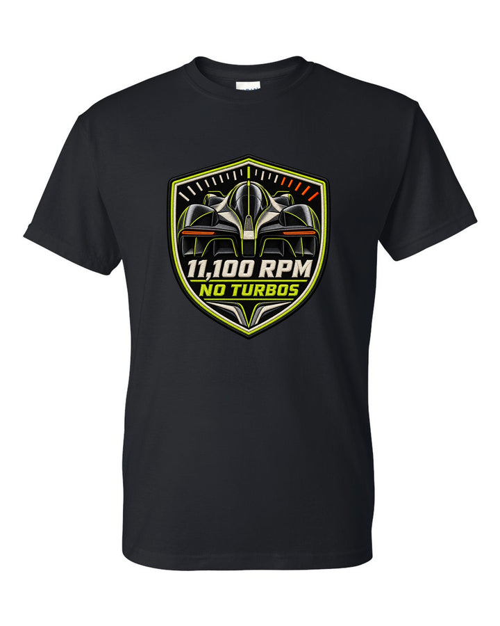 Embroidery-style varsity print for the Aston Martin Valkyrie with 11,100 rpm and no turbos lettering black t-shirt front view with the design