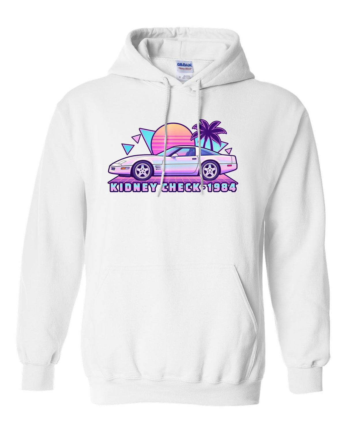 Pastel vaporwave print of a 1984 Chevrolet Corvette C4 coupe with Kidney Check text white pull over hoodie front view with the design