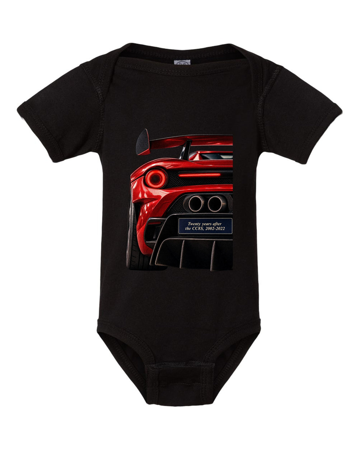 Taillight macro print of the Koenigsegg CC850 with the text twenty years after the CC8S, 2002-2022 black baby onesie front view with the design