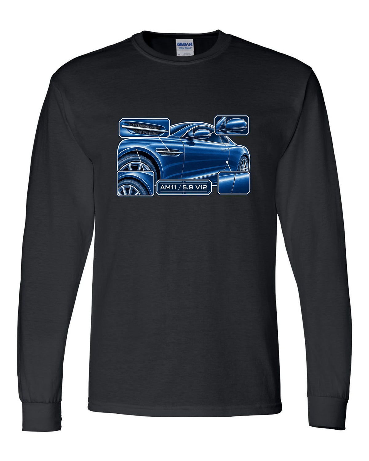 Aston Martin DB9 cyanotype blueprint with AM11 5.9 V12 lettering black long sleeve front view with the design