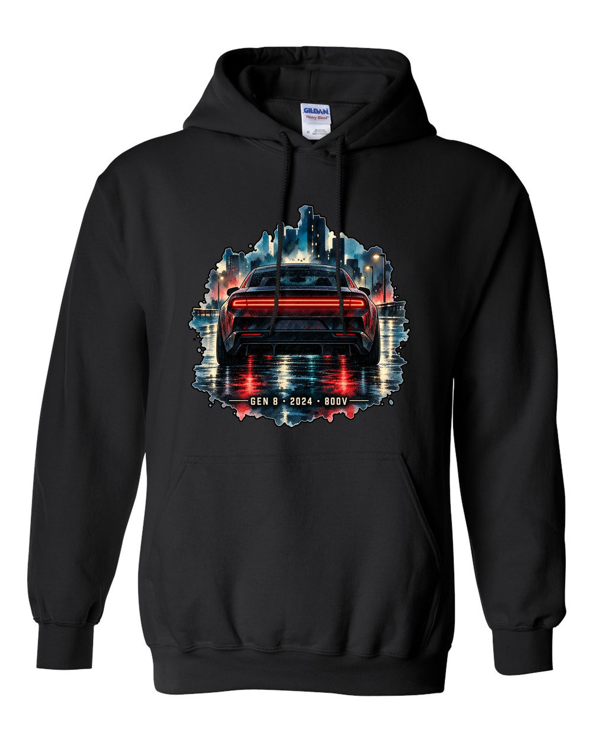 Watercolour night scene of a 2024 Dodge Charger Daytona EV on a wet road with Gen 8 lettering black pull over hoodie front view with the design