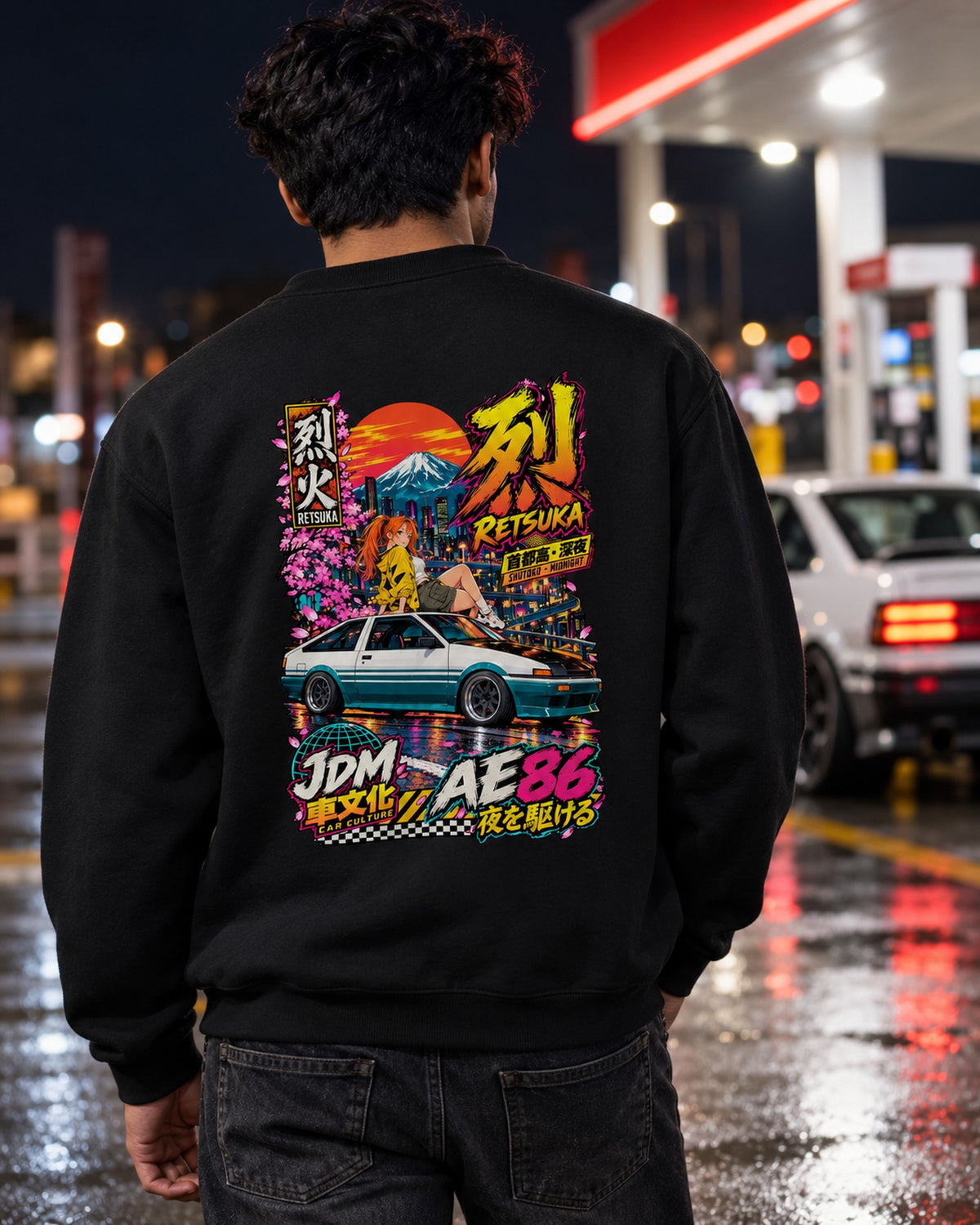 RETSUKA AE86 Anime Girl Full-Back Graphic Tee Crewneck Black worn hero