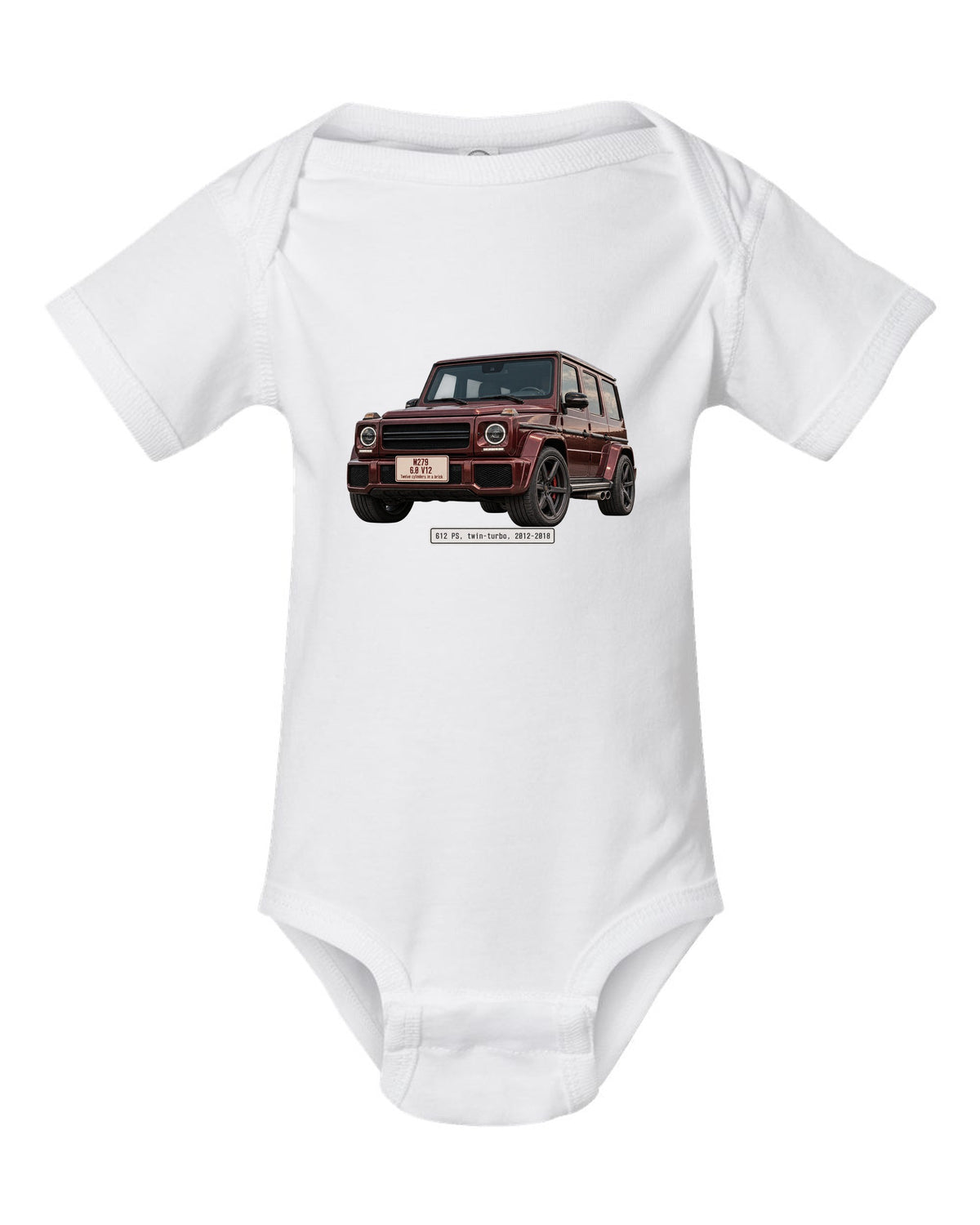 Editorial headline print of a Mercedes-AMG G65 W463 V12 white baby onesie front view with the design