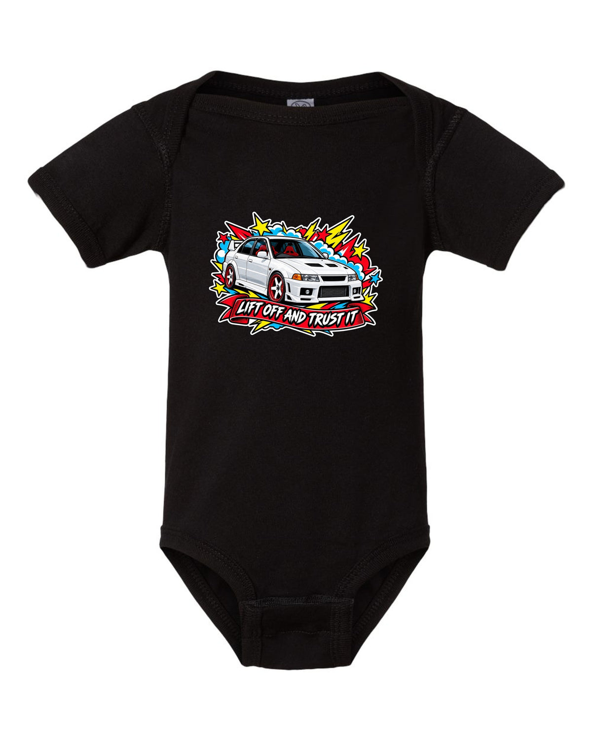 Sticker-bomb collage print for the Mitsubishi Evo VI CP9A with the text lift off and trust it black baby onesie front view with the design