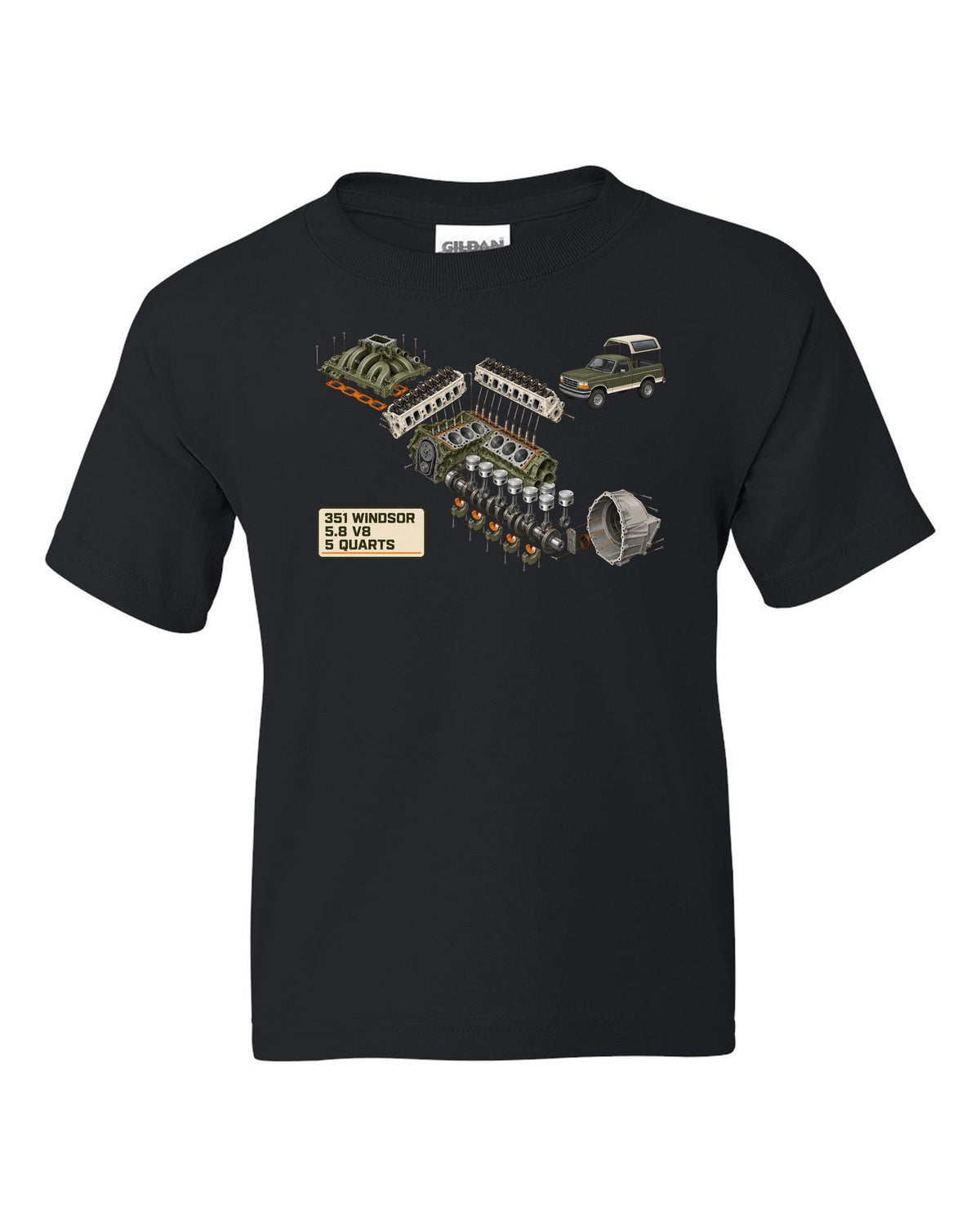 Exploded cutaway diagram of a 1992-96 Ford Bronco OBS engine bay with 351 WINDSOR 5.8 V8 notes black kids tee front view with the design